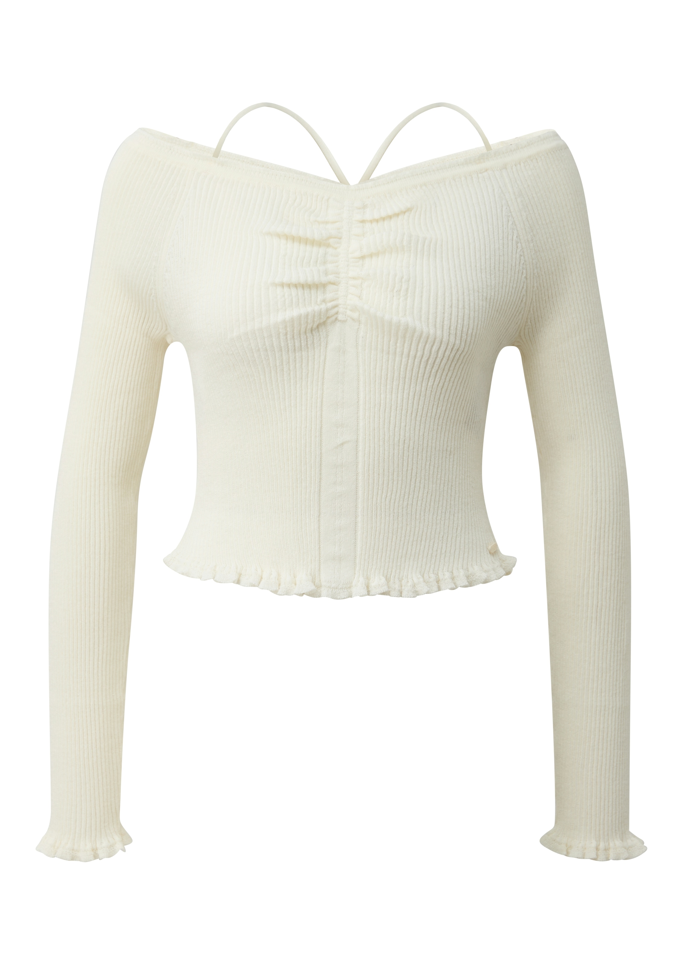 QS Strickpullover im Ripp-Look und mit U-Boot-Ausschnitt und Bändern