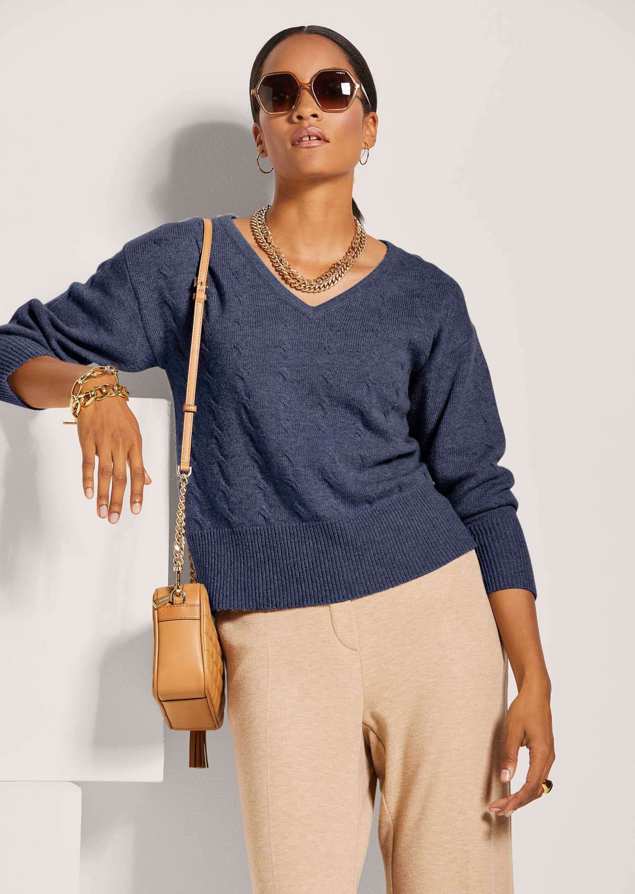 MADELEINE Longpullover »Pullover V-Pullover mit Zopfmuster«