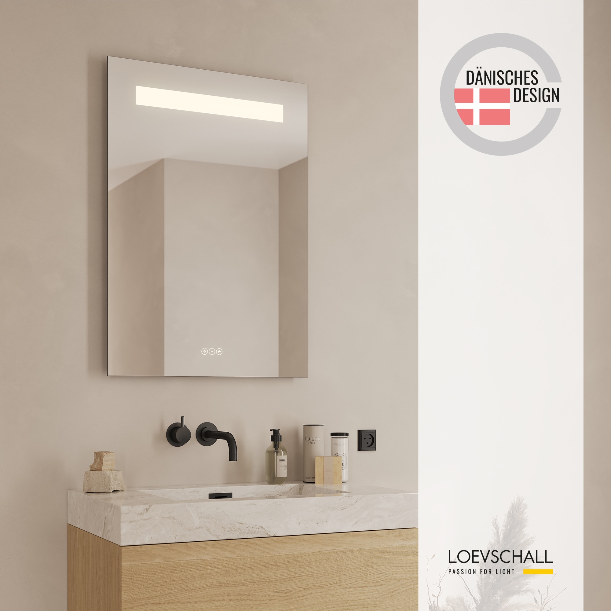 Loevschall Badspiegel »Lökken Quadratisch, Badzimmerspiegel mit LED Beleuchtung, Lichtspiegel« Touchpanel für Lichtsteuerung, Verstellbarer Spiegel, Dänisches Design