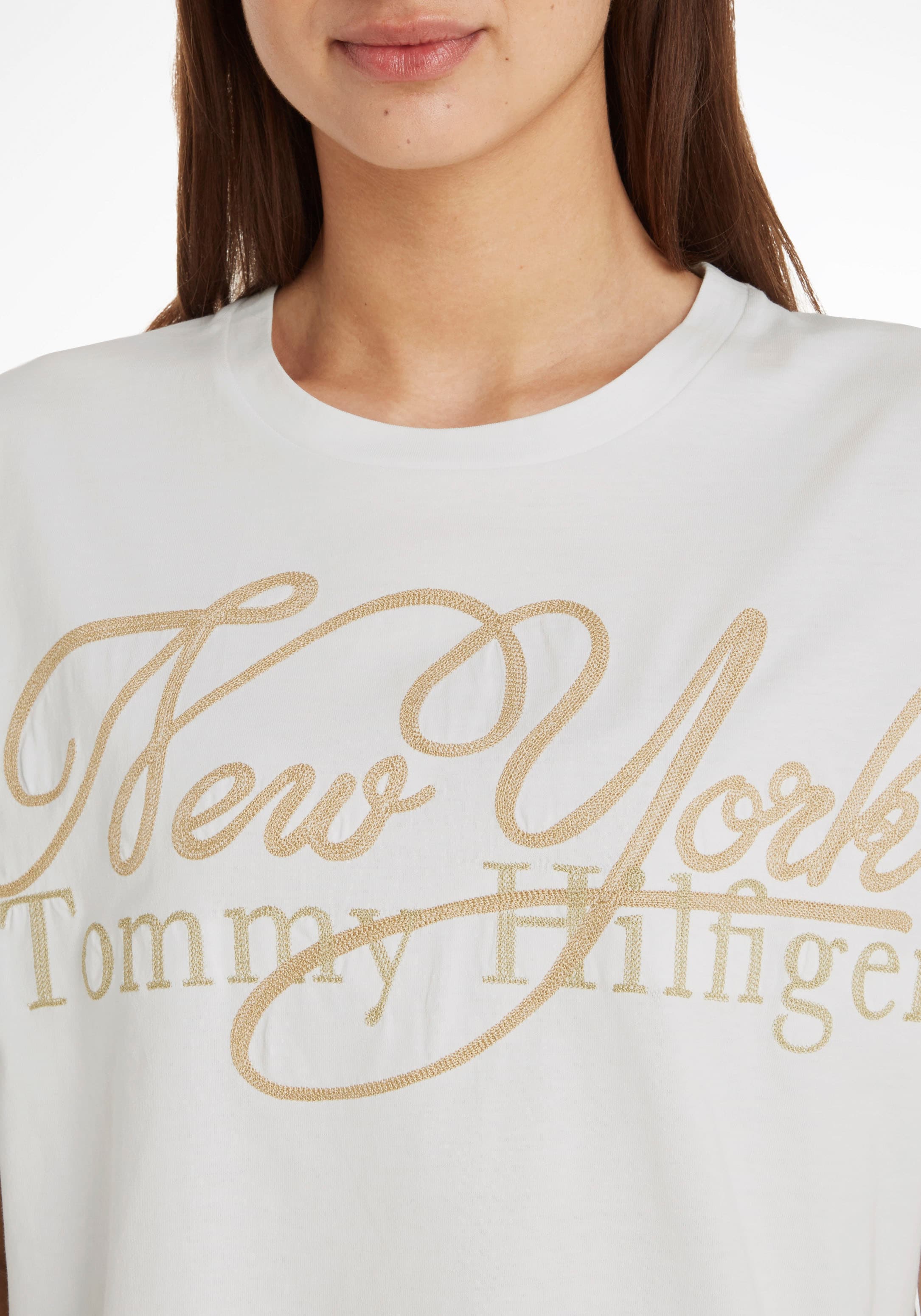 SS«, Hilfiger Markenlabel bestellen OTTO Print & mit Tommy C-NK »RLX T-Shirt Tommy bei METALLIC NY metalicfarbenen Hilfiger