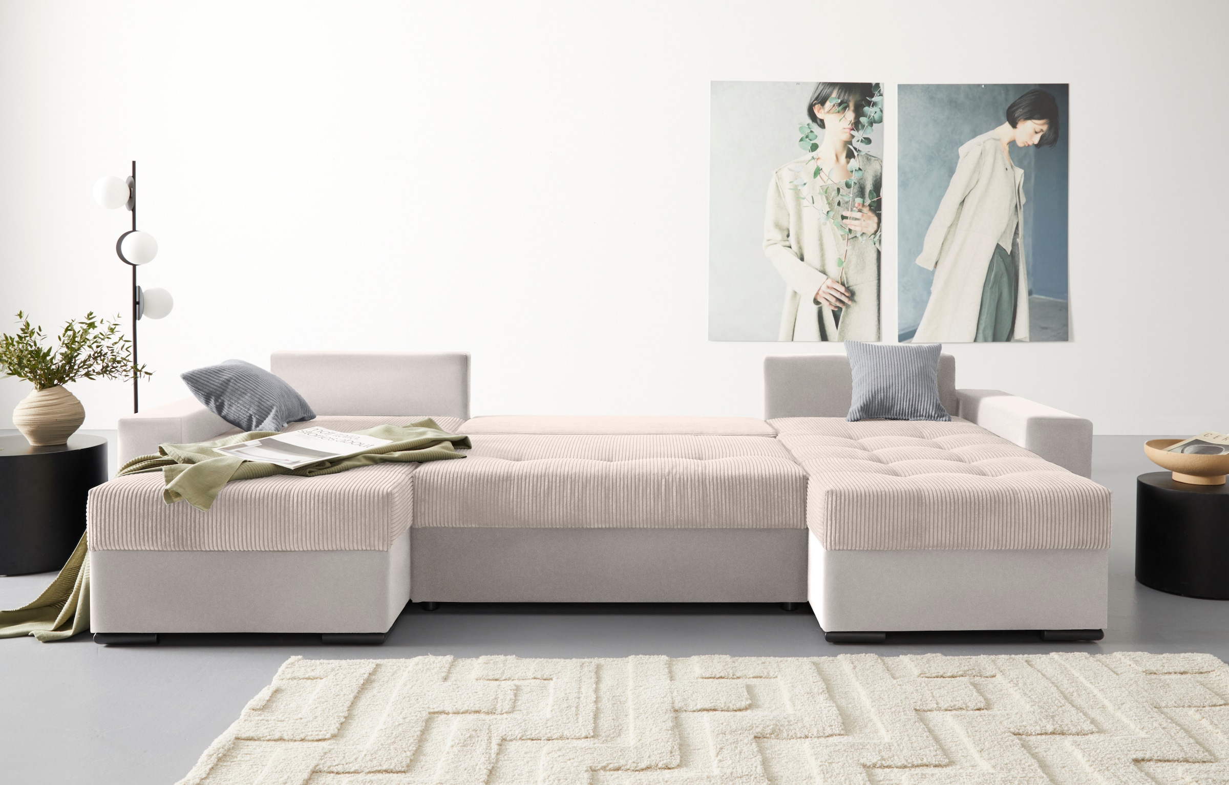 COLLECTION AB Wohnlandschaft »Josy U-Form«, mit Schlaffunktion, Bettkasten und Zierkissen, mit 2 Recamieren