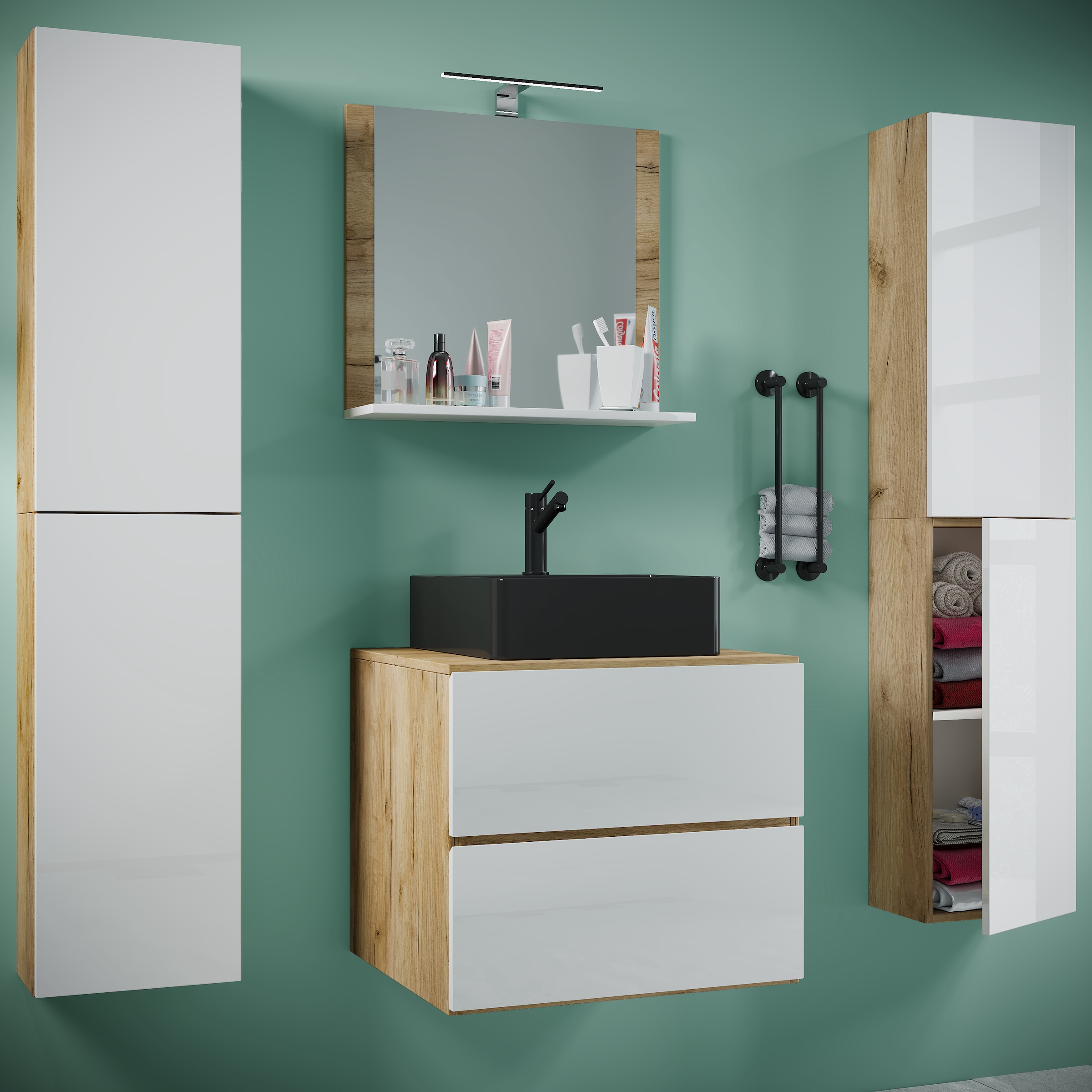 VCM Waschbeckenunterschrank »VCM 5-tlg. Waschplatz Waschtisch Badmöbel Set Waschbecken Lendas BL Breite 60 cm XL Schublade«, (5 St.)