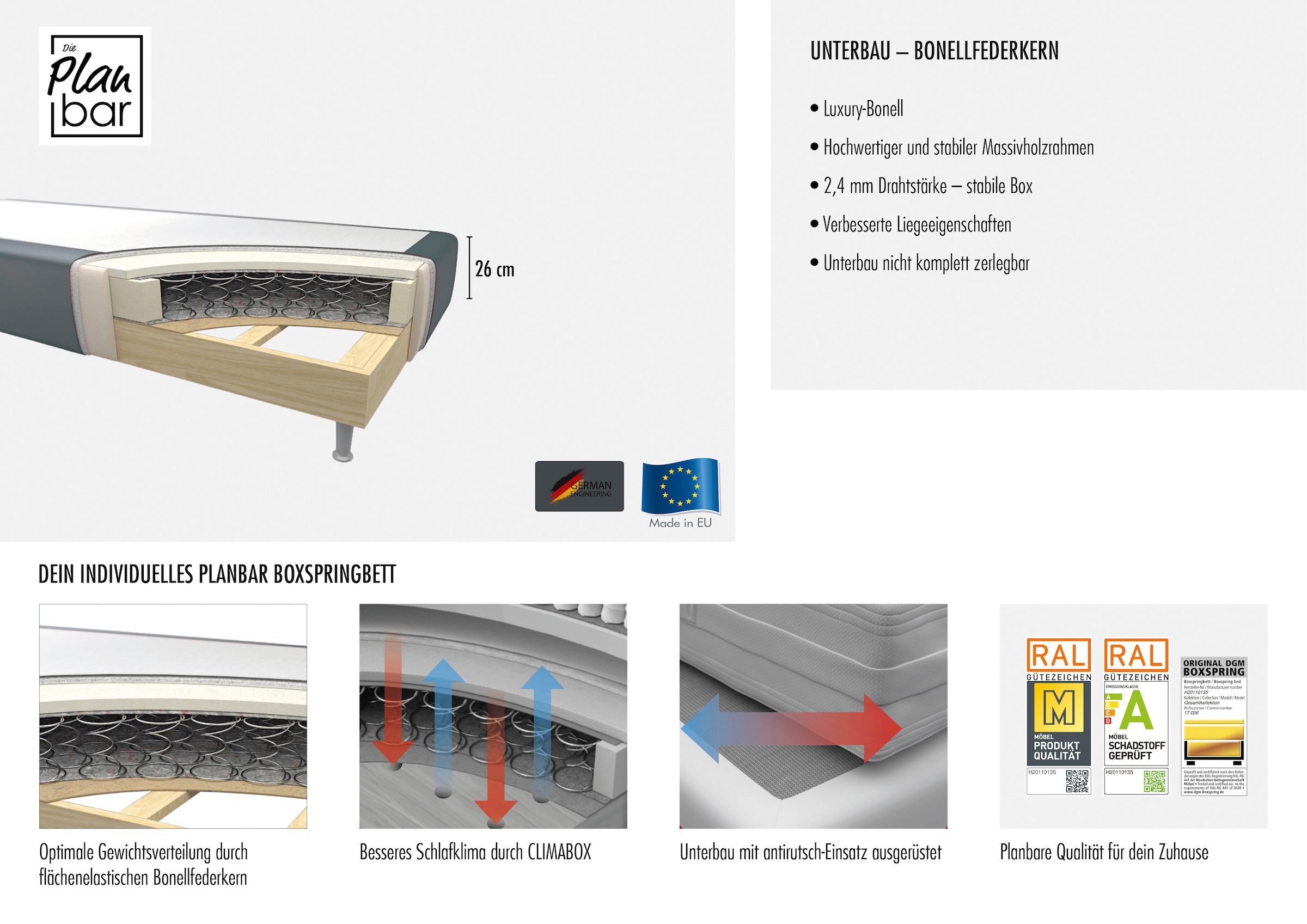 Die PlanBar Boxspringbett »OC-ON23163« inkl. Matratzen, Topper u. Bonellfederkern Unterbau, 160/180x200cm