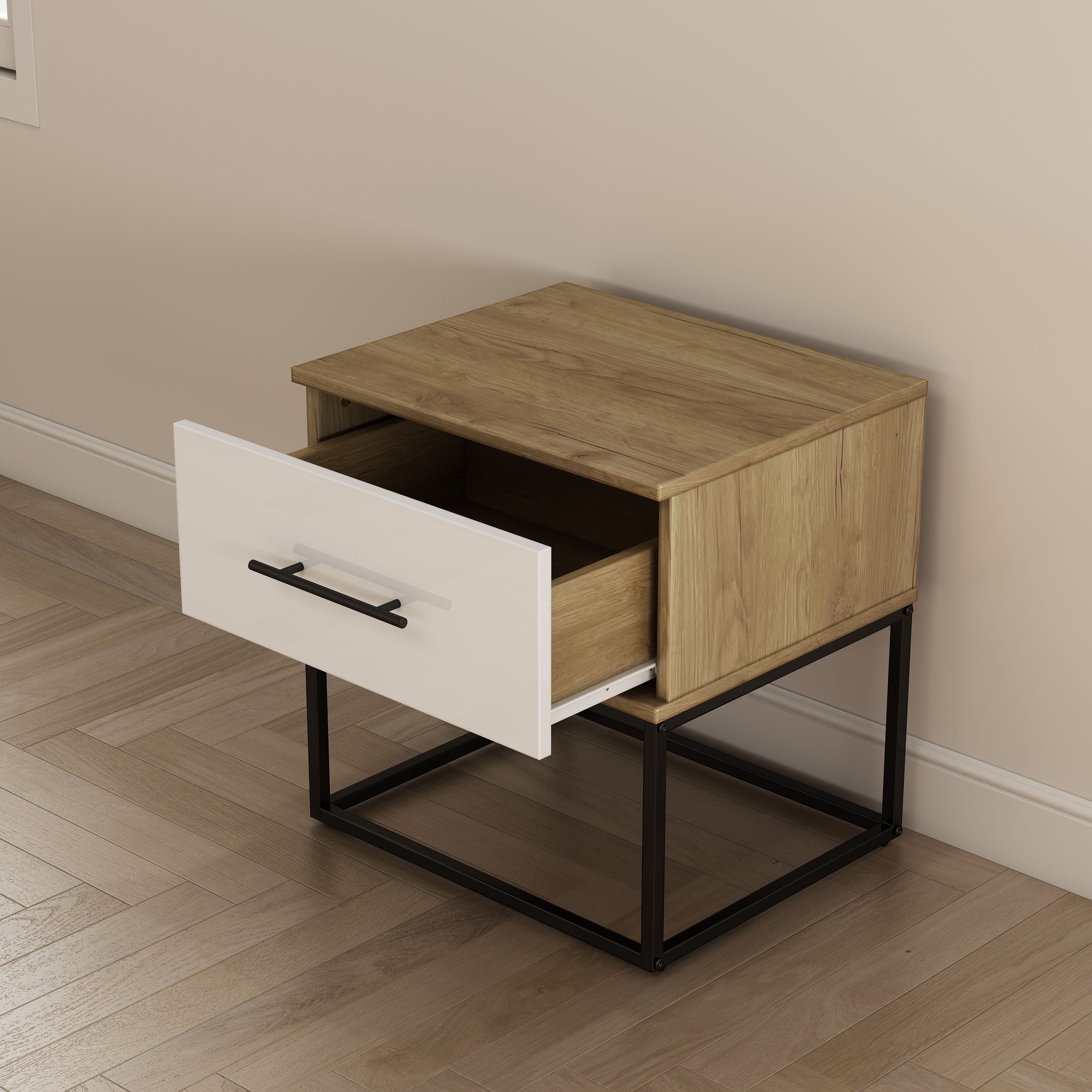 OTTO home Nachtkommode »Lucca Nachttisch Set mit Metallkufen und schwarzen Griffen« Set, 2 Schränke im Set , Hochglanz Fronten in weiß,  Nchttisch Set mit je einer Schublade in Loft Design