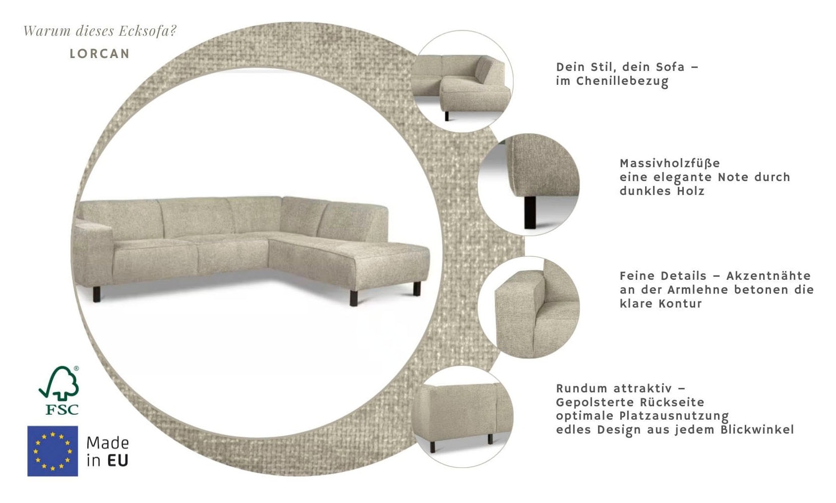 Home affaire Ecksofa »LORCAN mit Holzfuß, Breite 275 cm, weiches Sitzgefühl« Massivholzfüsse, Chenille und Bouclé -Bezüge