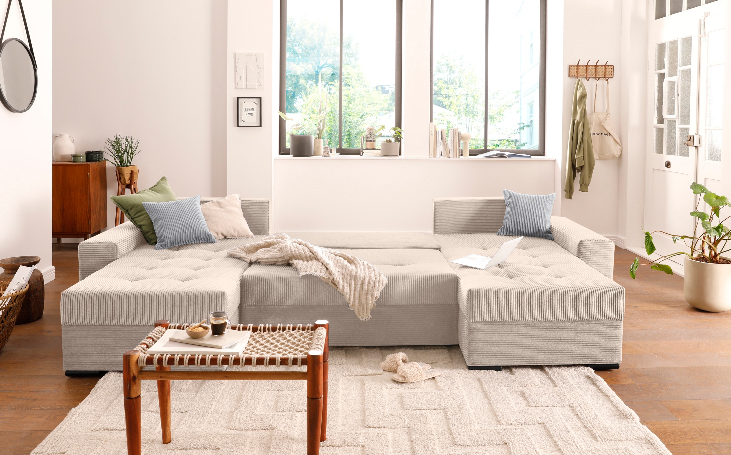 COLLECTION AB Wohnlandschaft »Josy XL U-Form, B: 313 cm in Cord, Cord-Mix« mit Bettfunktion, Bettkasten & 2 Zierkissen, Federkern