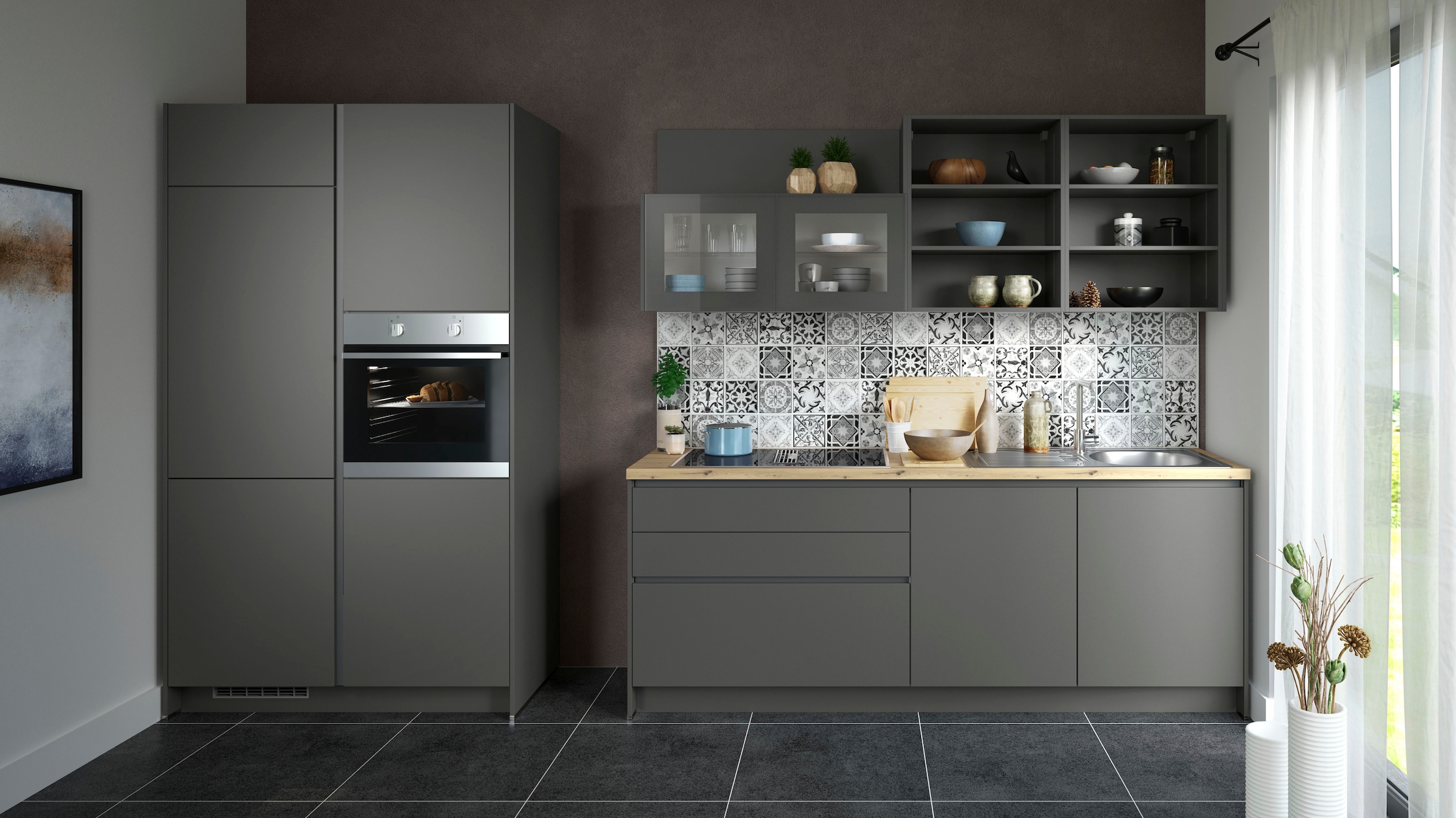 KOCHSTATION Küche »KS-Tokio, NEU wahlweise mit Kochfeldabzug und weiteren E-Geräten« vormontiert, wahlweise mit Beleuchtung & E-Geräten, Breite 340 cm