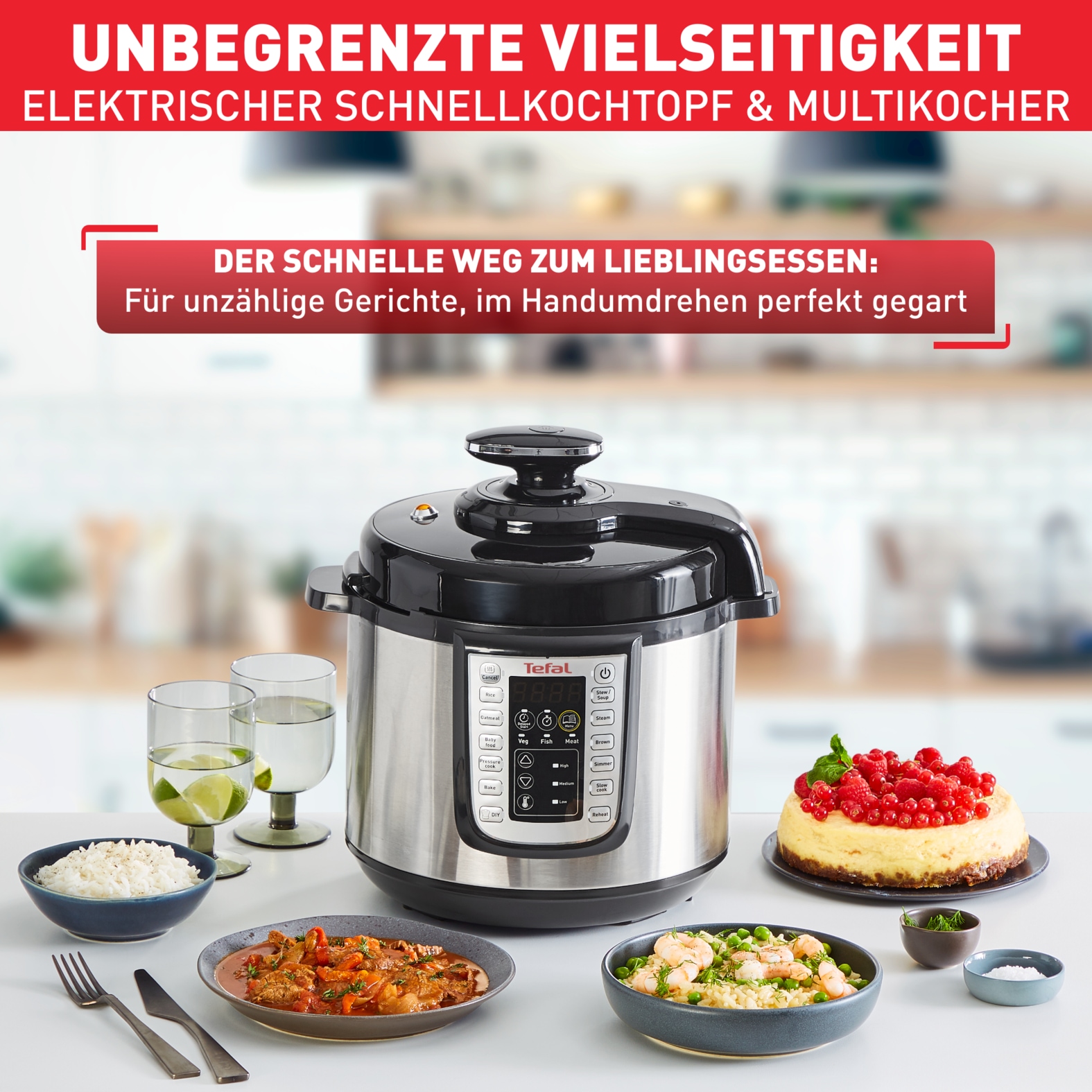 Tefal Multikocher »CY505E Fast & Delicious Multikocher, elektrischer Schnellkochtopf«, 25 automatische Programme, 6 l Fassungsvermögen, sichere Drucktechnologie, Zeit- und Temperaturregler, Warmhaltefunktion, mit Rezeptheft