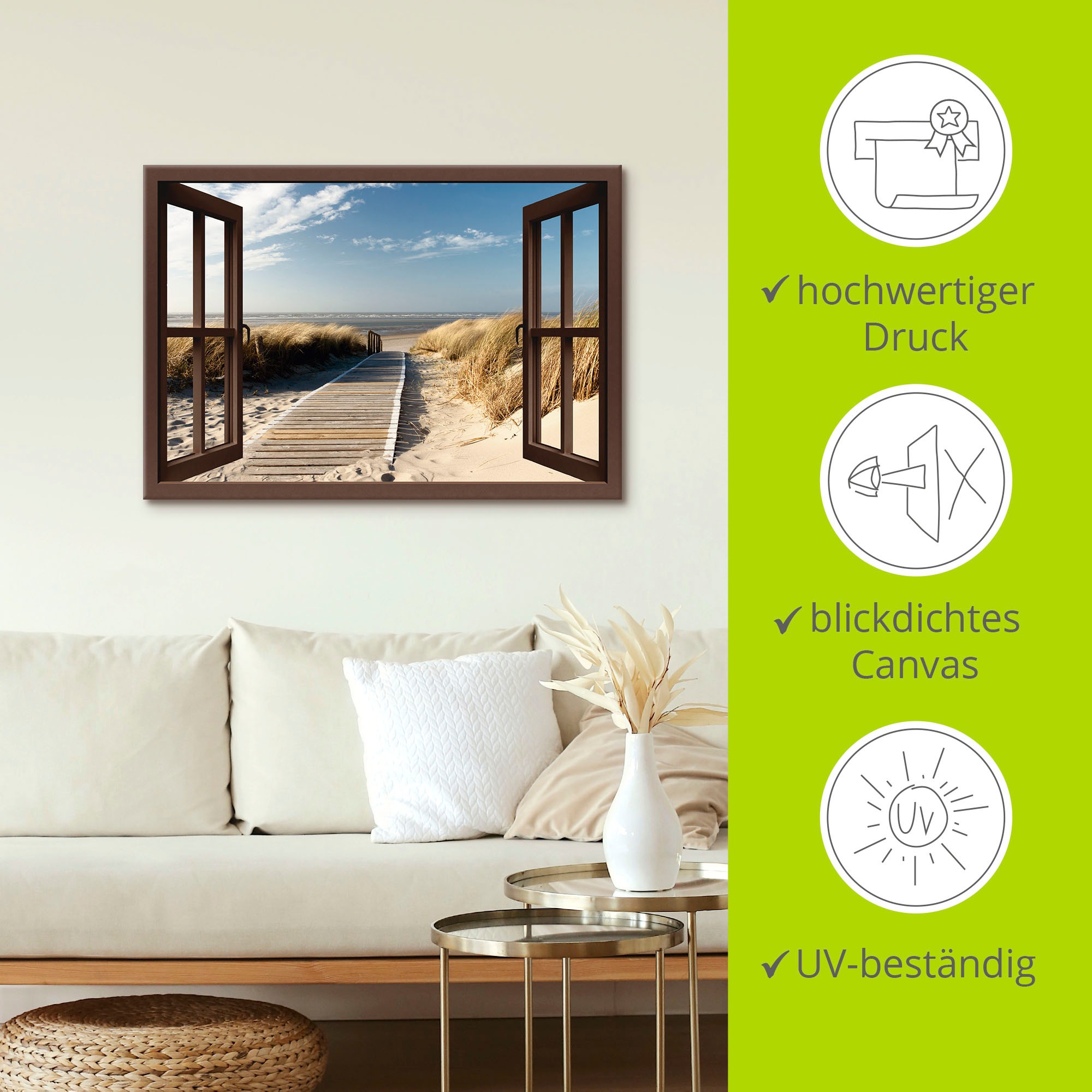 Artland Wandbild »Fensterblick Nordseestrand auf Langeoog«, Fensterblick, (1 St.), als Leinwandbild, Poster, Wandaufkleber in verschied. Größen