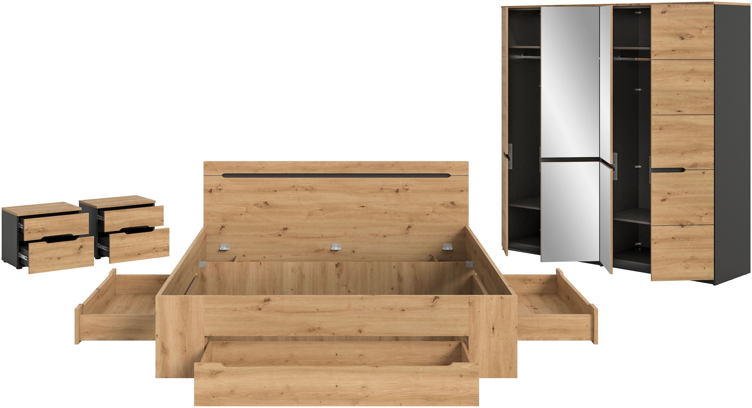 Home affaire Schlafzimmer-Set »REHAT, 4-teilig, best. aus: Bett, Kleiderschrank & 2x Nachtkommode« TOPSELLER!, für Matratzengröße 140x200 cm, viel Stauraum, 4 Stk. tlg. Rehat, Schlafzimmerset, Bett 180x200 cm, Nachttisch, Kleiderschrank