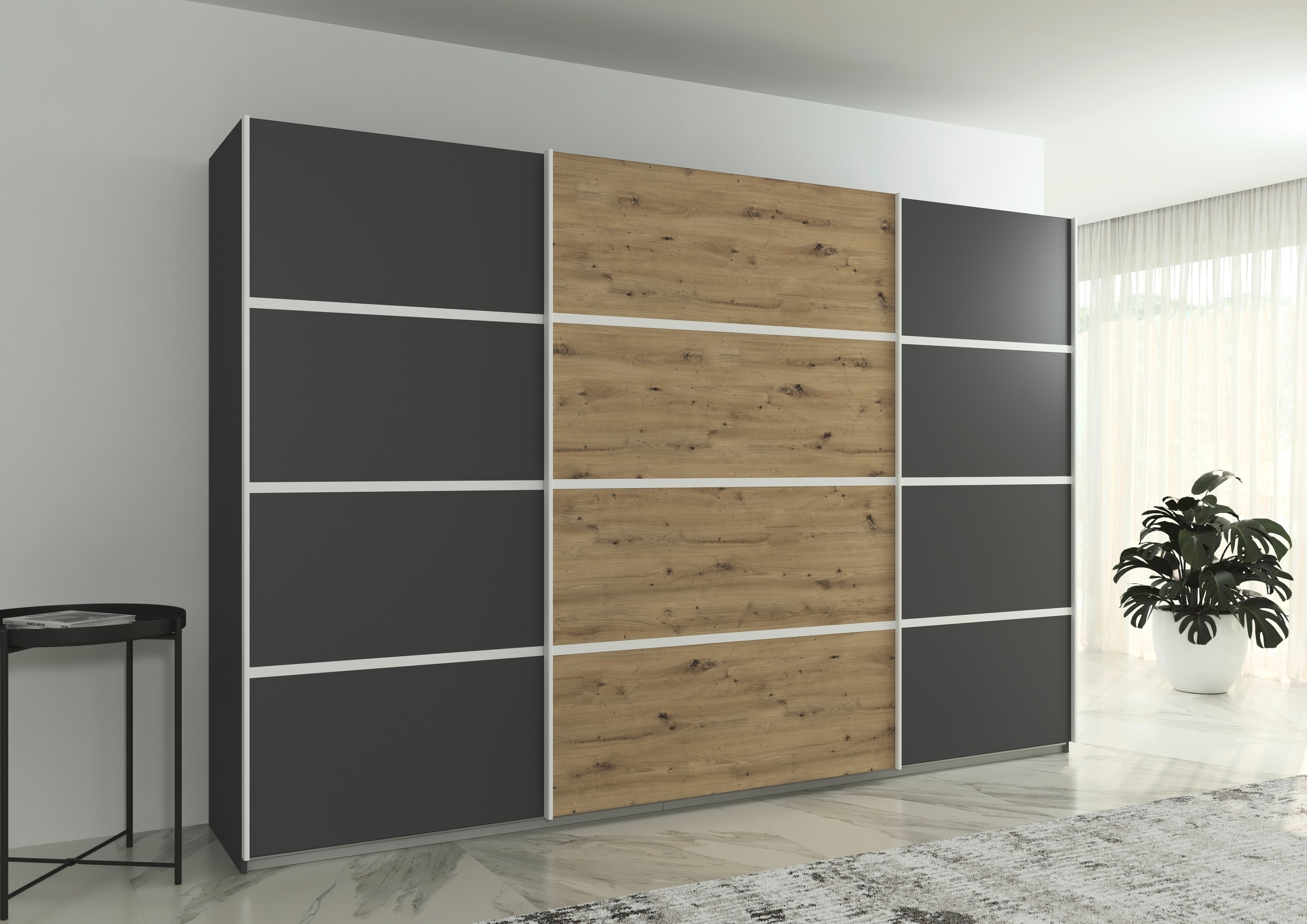 rauch Kleiderschrank »Schwebetürenschrank OTTO´s Choice Garderobe Schrank TOP ANGEBOT Avola«, (in 3 verschiedenen Ausstattungen BASIC/CLASSIC/PREMIUM), mit eleganten Zierleisten in Chrom, Schwarz oder Weiß MADE IN GERMANY