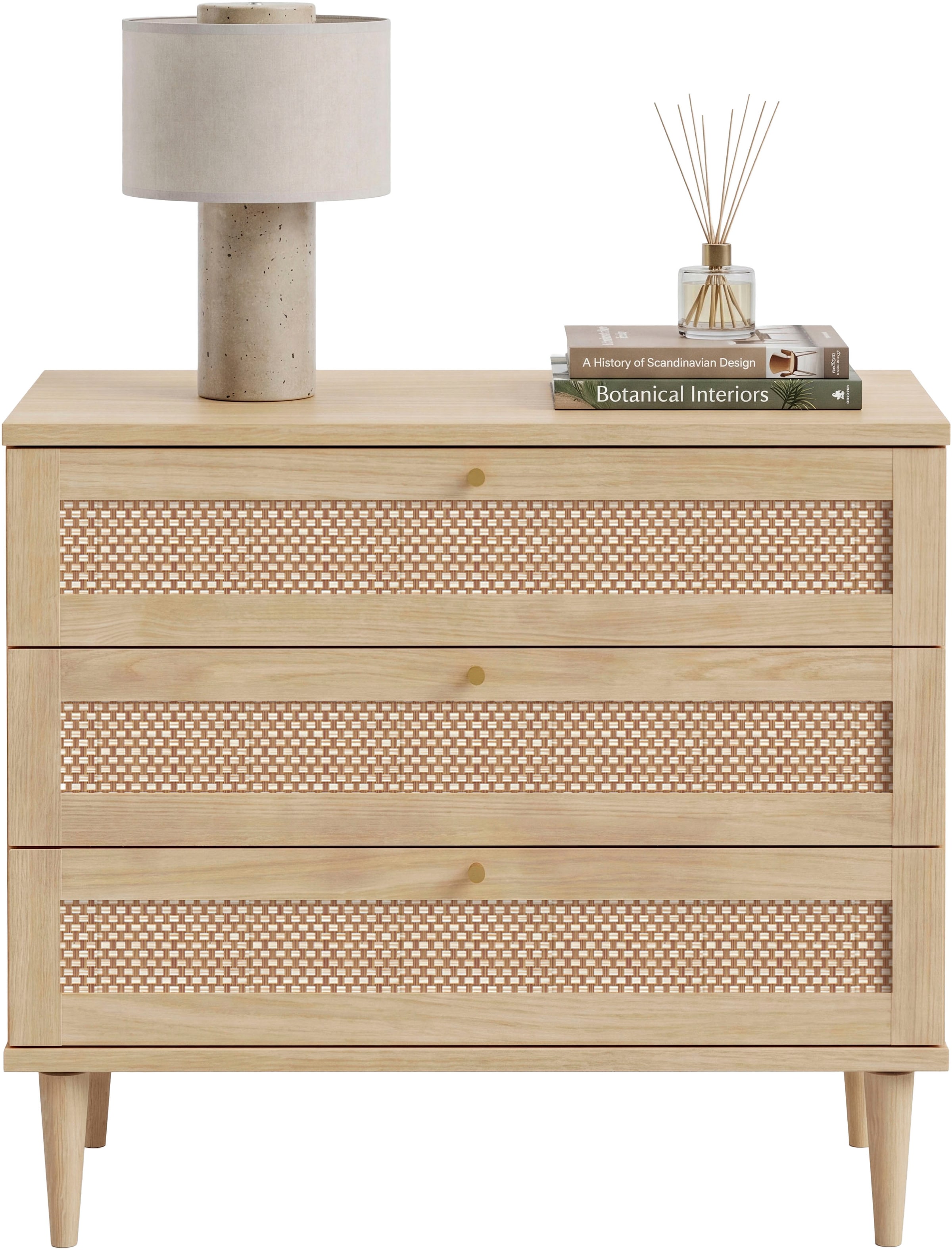 OTTO home Kommode »ELLIAN mit Geflechtoptik warmes Holzdekor, 3 Schubkästen« Holzfüße, Metallgriffe, Made in EU, viel Stauraum