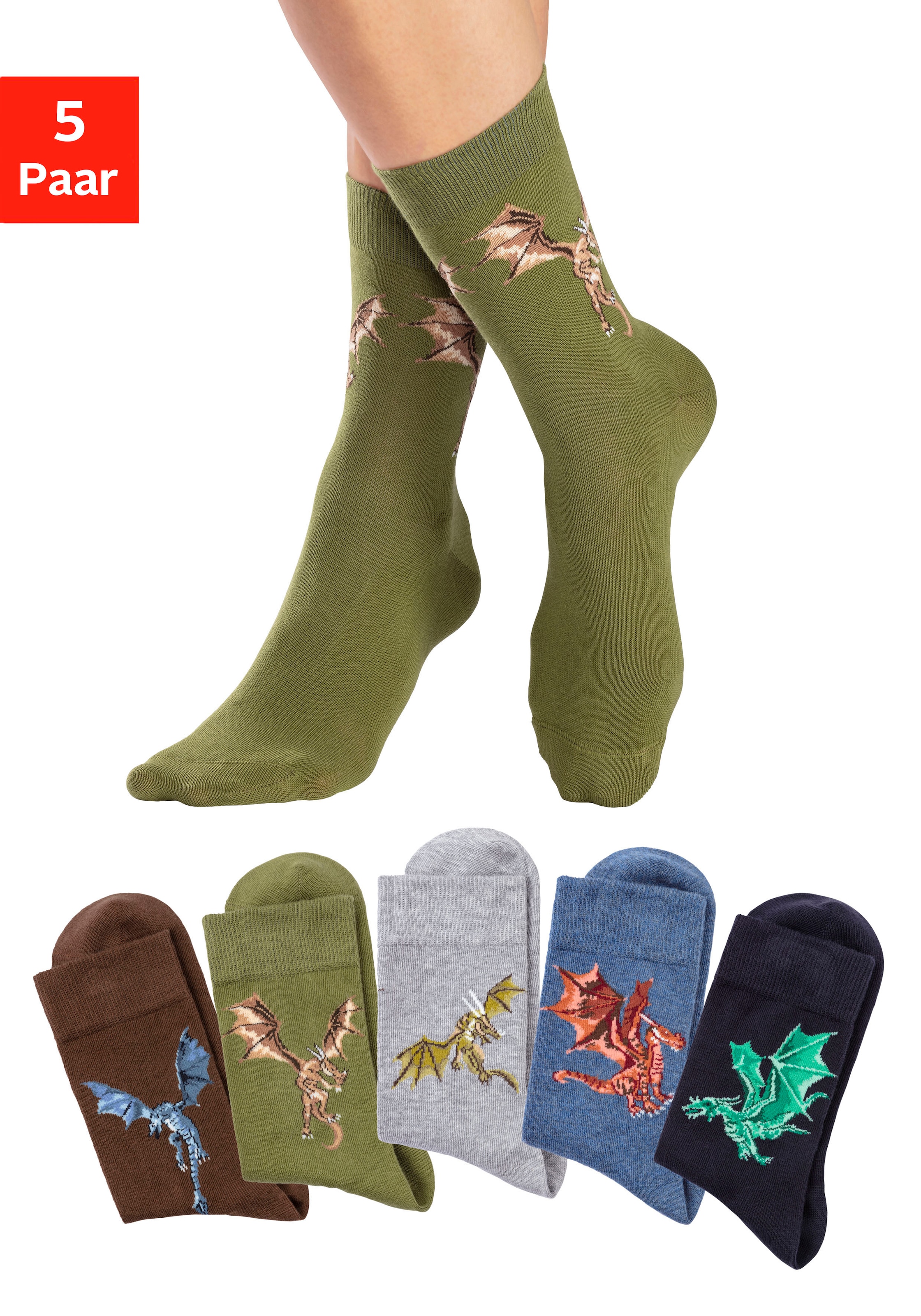 H.I.S Socken, (Packung, 5 Paar), mit unterschiedlichen Drachen Motiven