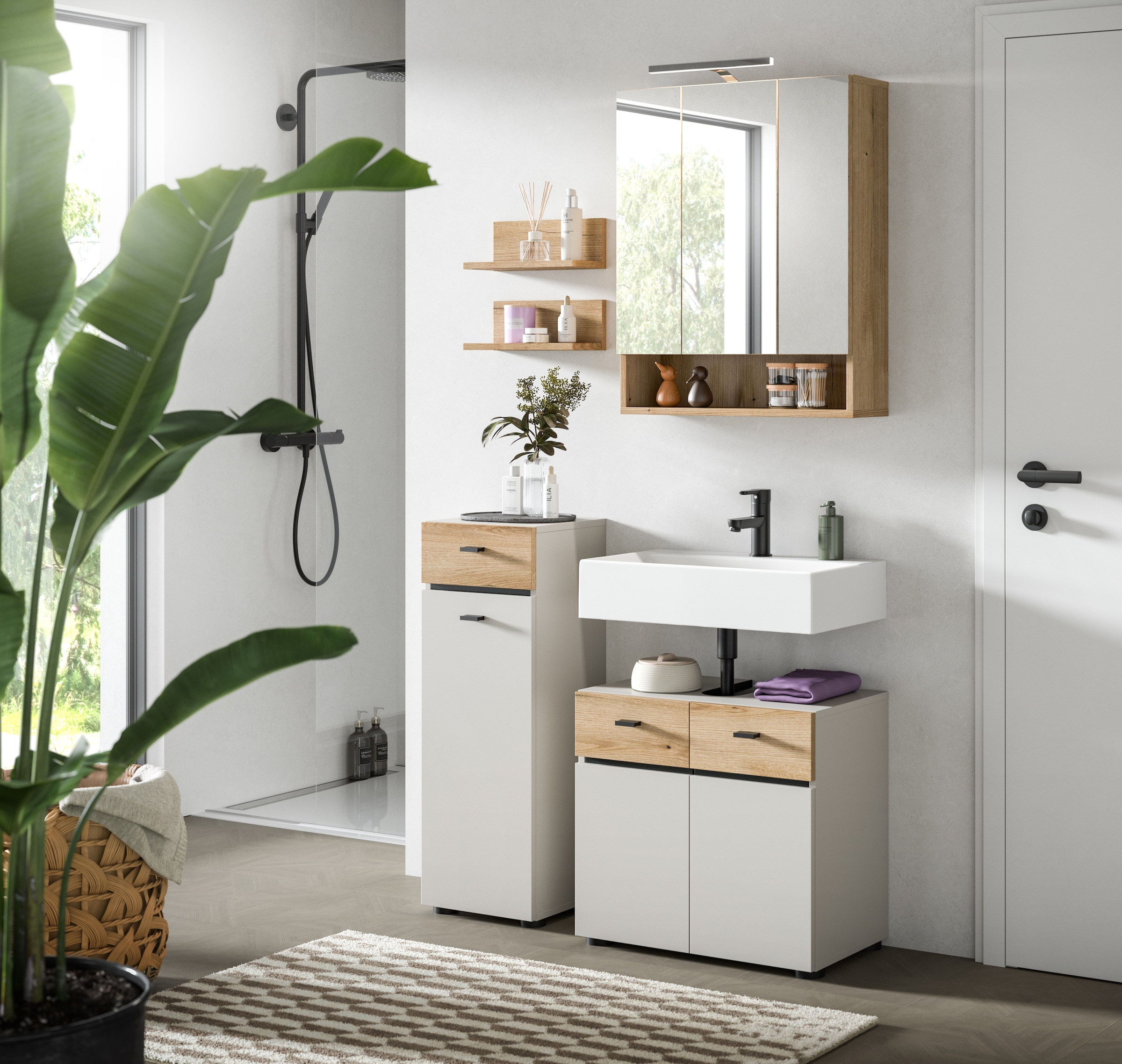 welltime Badmöbel-Set »VANN, 5-teilige moderne Badkombination, inkl. Beleuchtung« Midischrank, 2er Set Wandregal, Waschbeckenunterschrank,Spiegelschrank, 5 Stk. tlg.