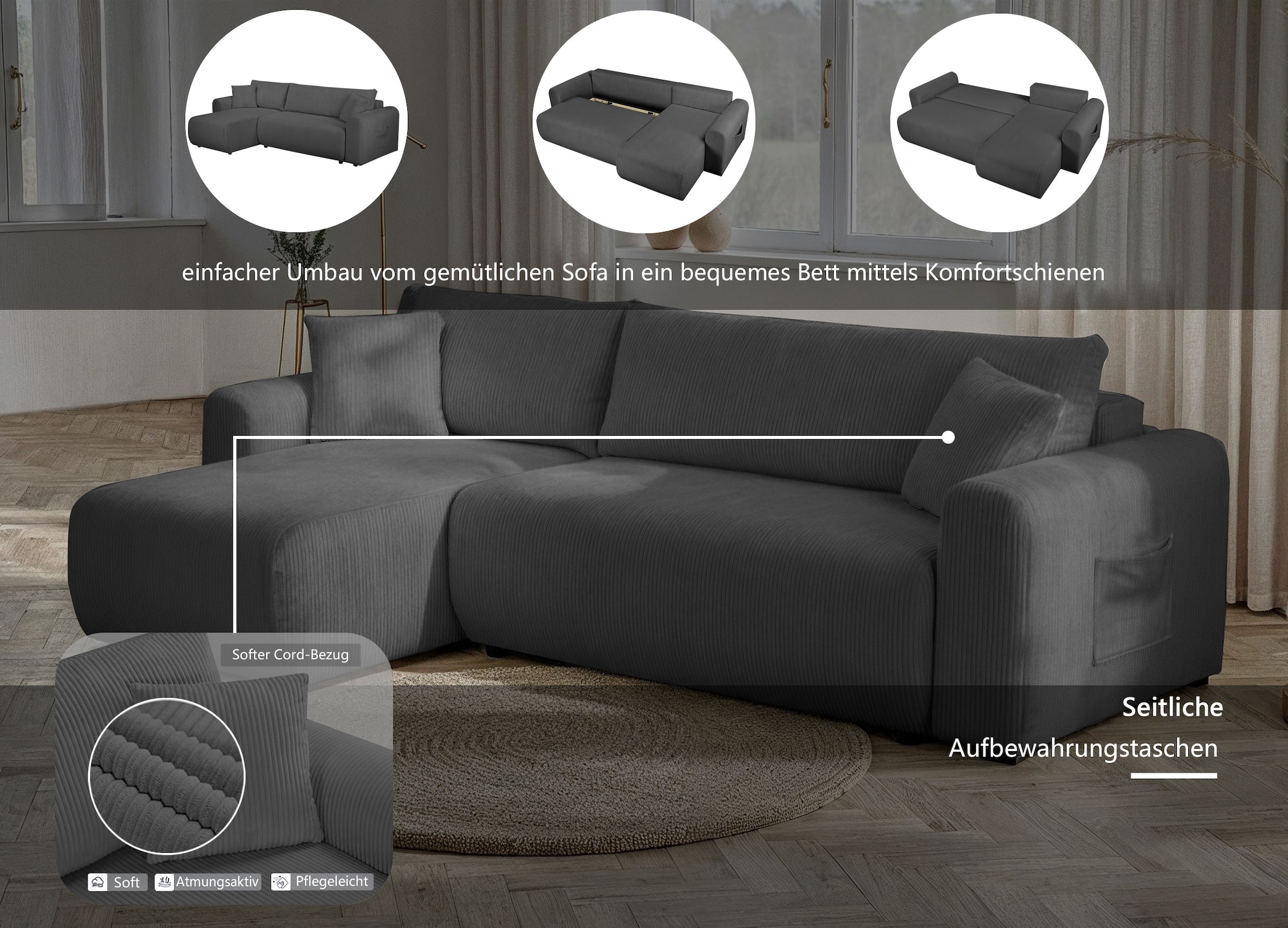 OTTO home Ecksofa »JONAA Cord L-Form, 241cm. OTTO. Verlässliche Qualität« Tonnentaschen-Federkern, Bettkasten, Schlafsofa (133/200)