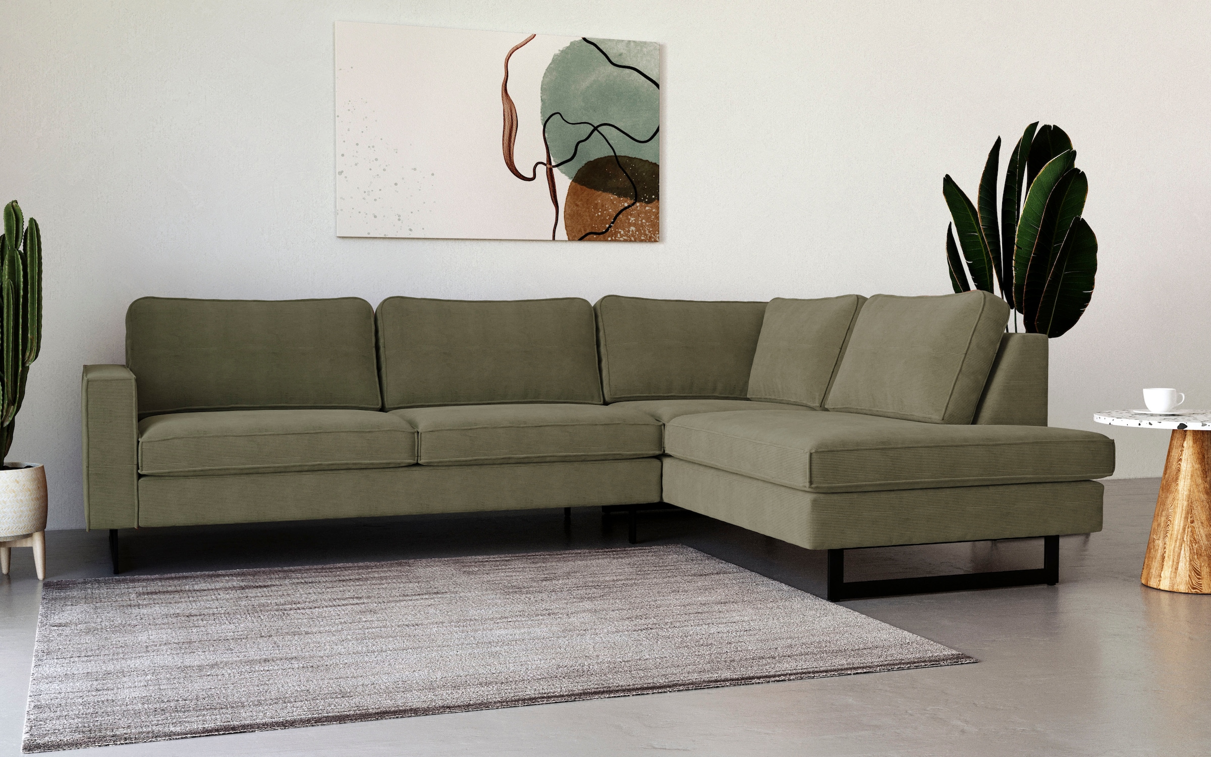 Home affaire Ecksofa »Pinto, 290 cm, Cord, Chenille, Lederoptik, Ottomane links / rechts« mit Keder, schwarze Metallfüße, Wellenunterfederung