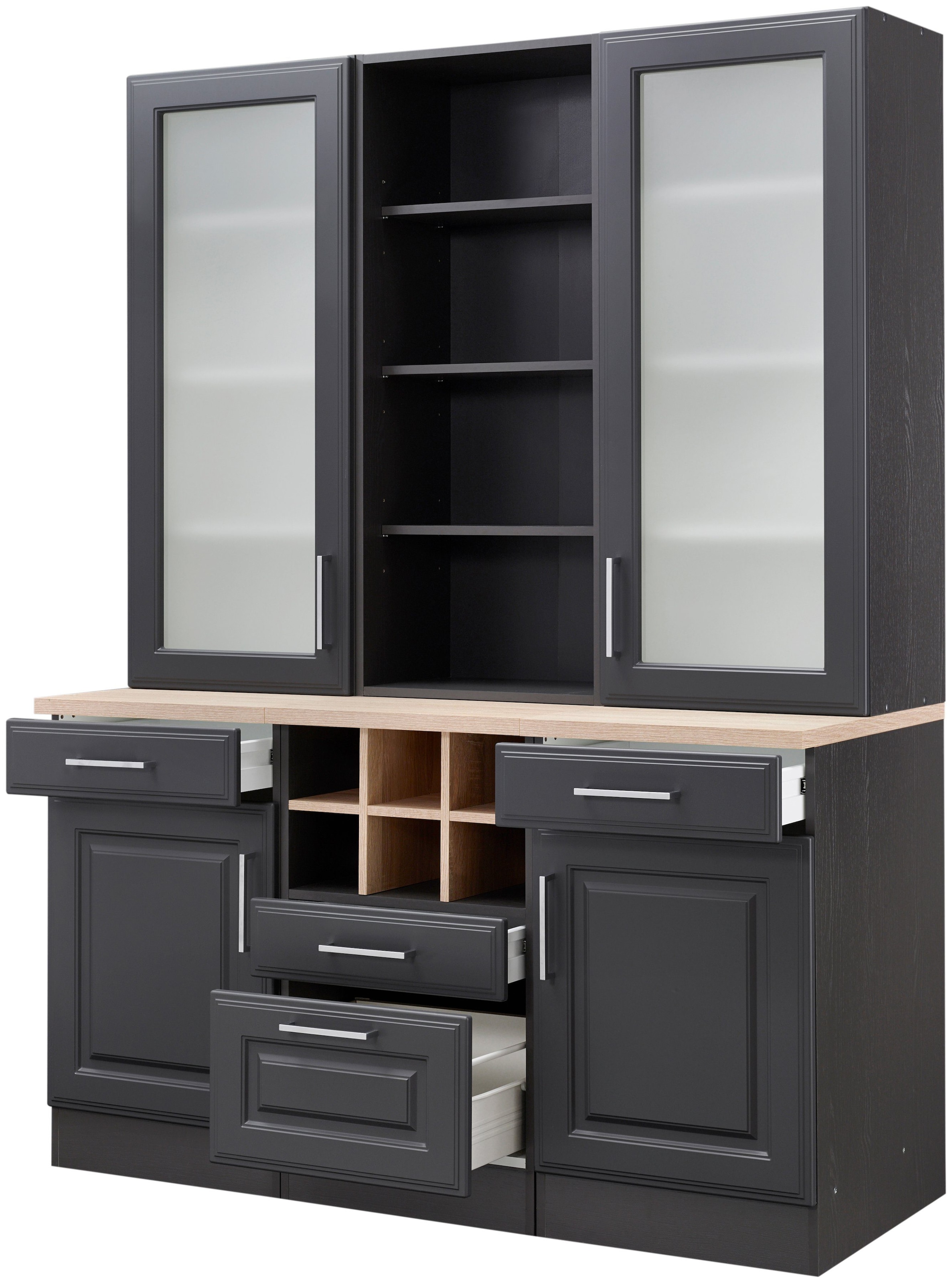 KOCHSTATION Küchenbuffet »KS-Stockholm« hochwertige MDF-Fronten, 2 Glasrahmentüren, 200 cm hoch, viel Stauraum