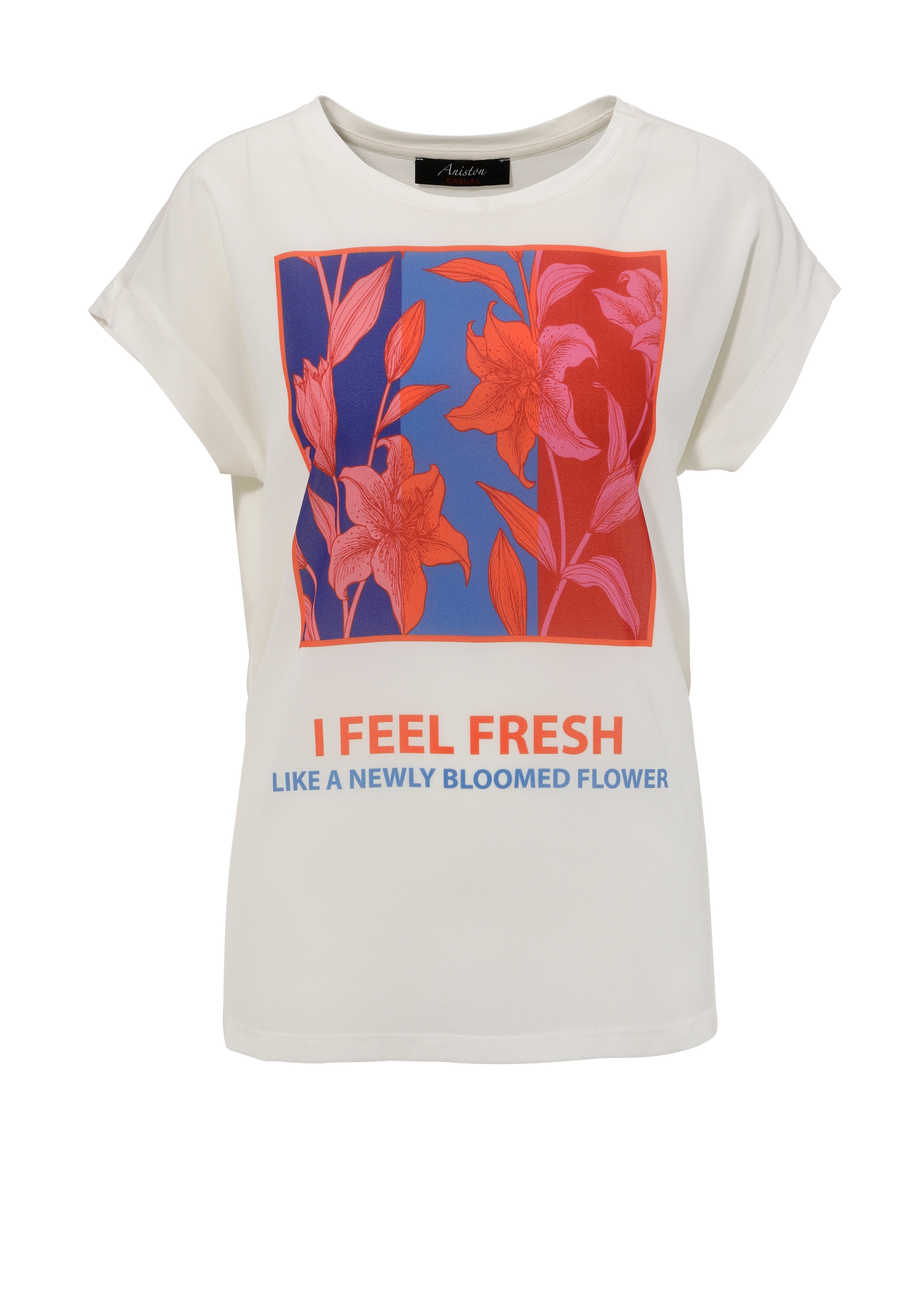 Aniston CASUAL Shirtbluse, mit kunstvollen Blumendruck und Statement-Schriftzug - NEUE KOLLEKTION