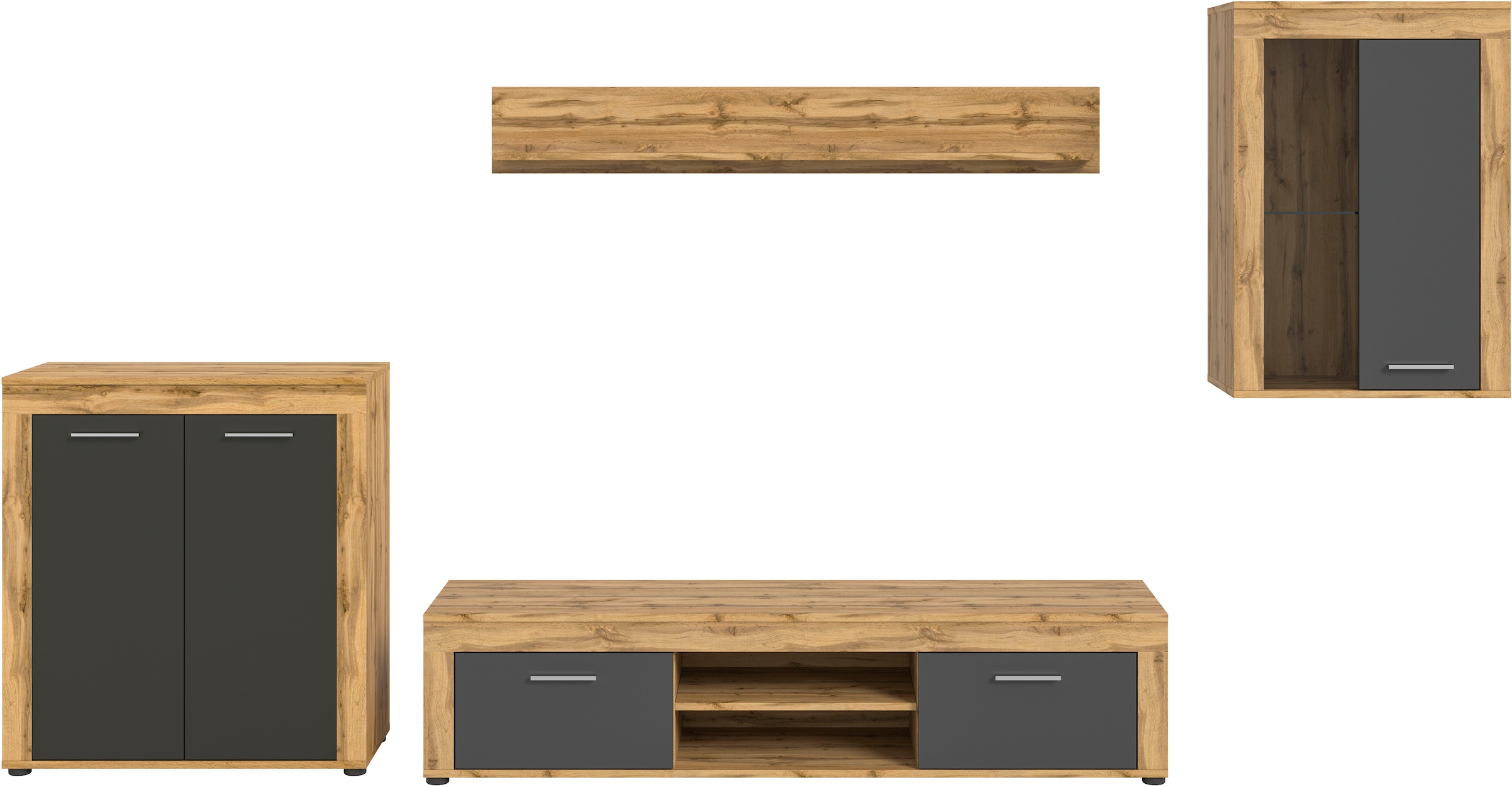 Home affaire Wohnwand »AOSTA, Breite 330cm, 4-teilige Wohn-Kombination« bestehend aus: Highboard, Lowboard, Wandboard & Vitrine, 4 Stk. tlg.