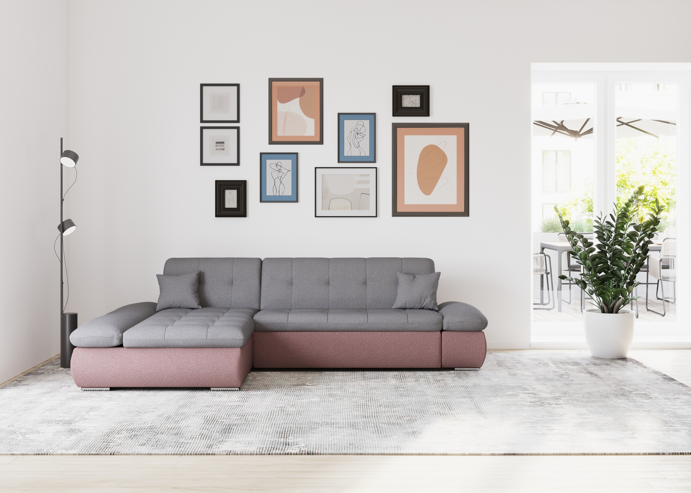 DOMO collection Ecksofa »Moric, L-Form, XXL-Sofa - Breite 300cm«, wahlweise mit Bettfunktion und Armteilverstellung, beere-grau