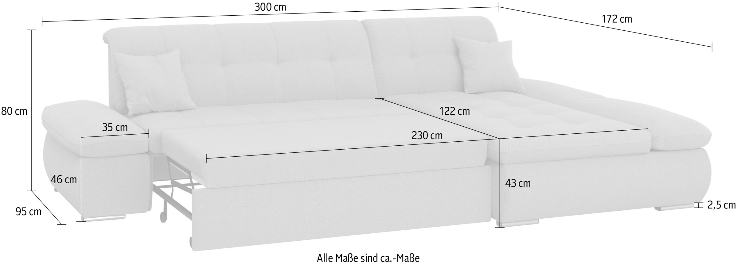 DOMO collection Ecksofa »Moric, L-Form, XXL-Sofa - Breite 300cm«, wahlweise mit Bettfunktion und Armteilverstellung, dunkelgrau
