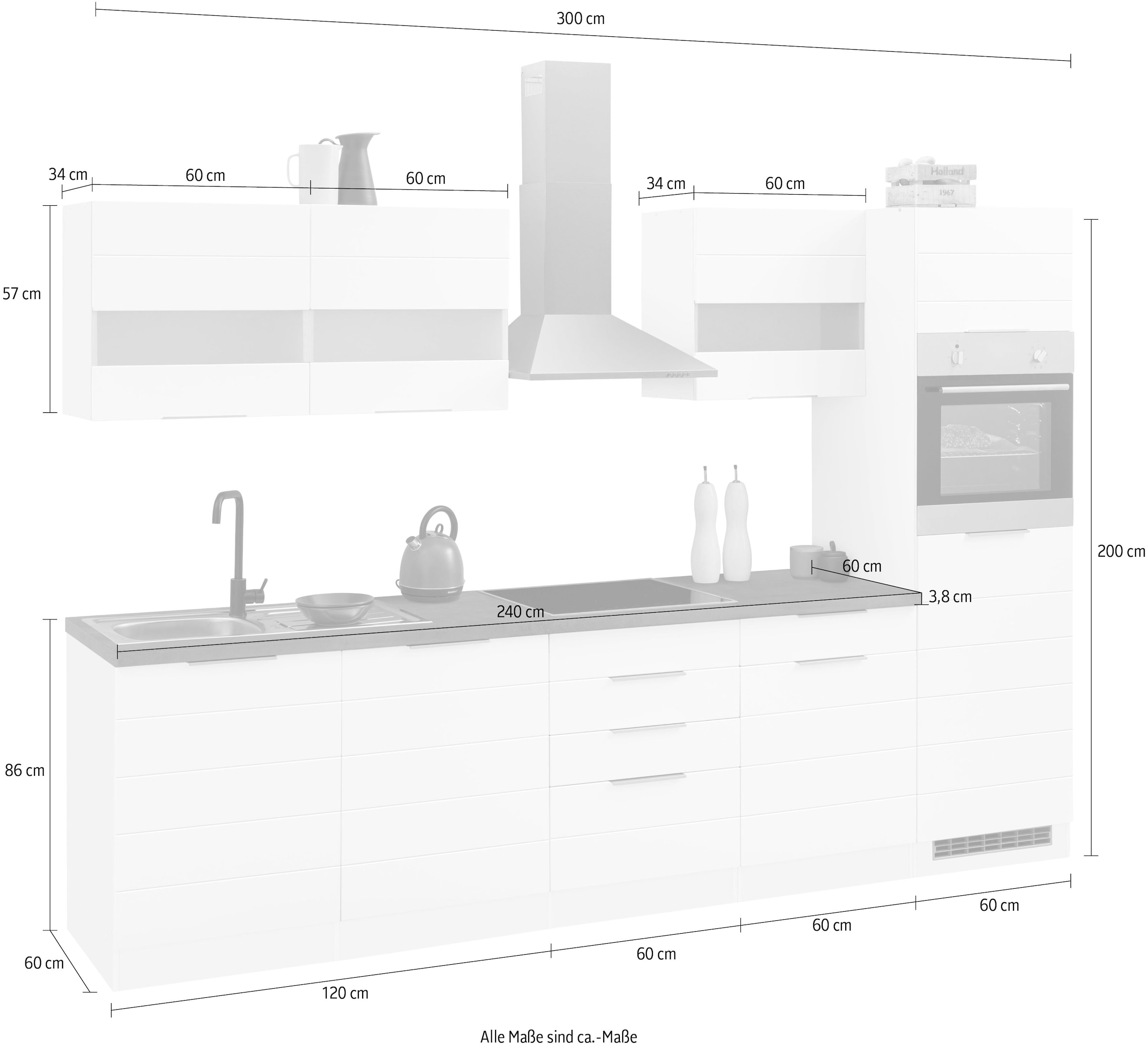 KOCHSTATION Küchenzeile »KS-Luhe« 300 cm breit, wahlweise mit oder ohne E-Geräten, gefräste MDF-Fronten