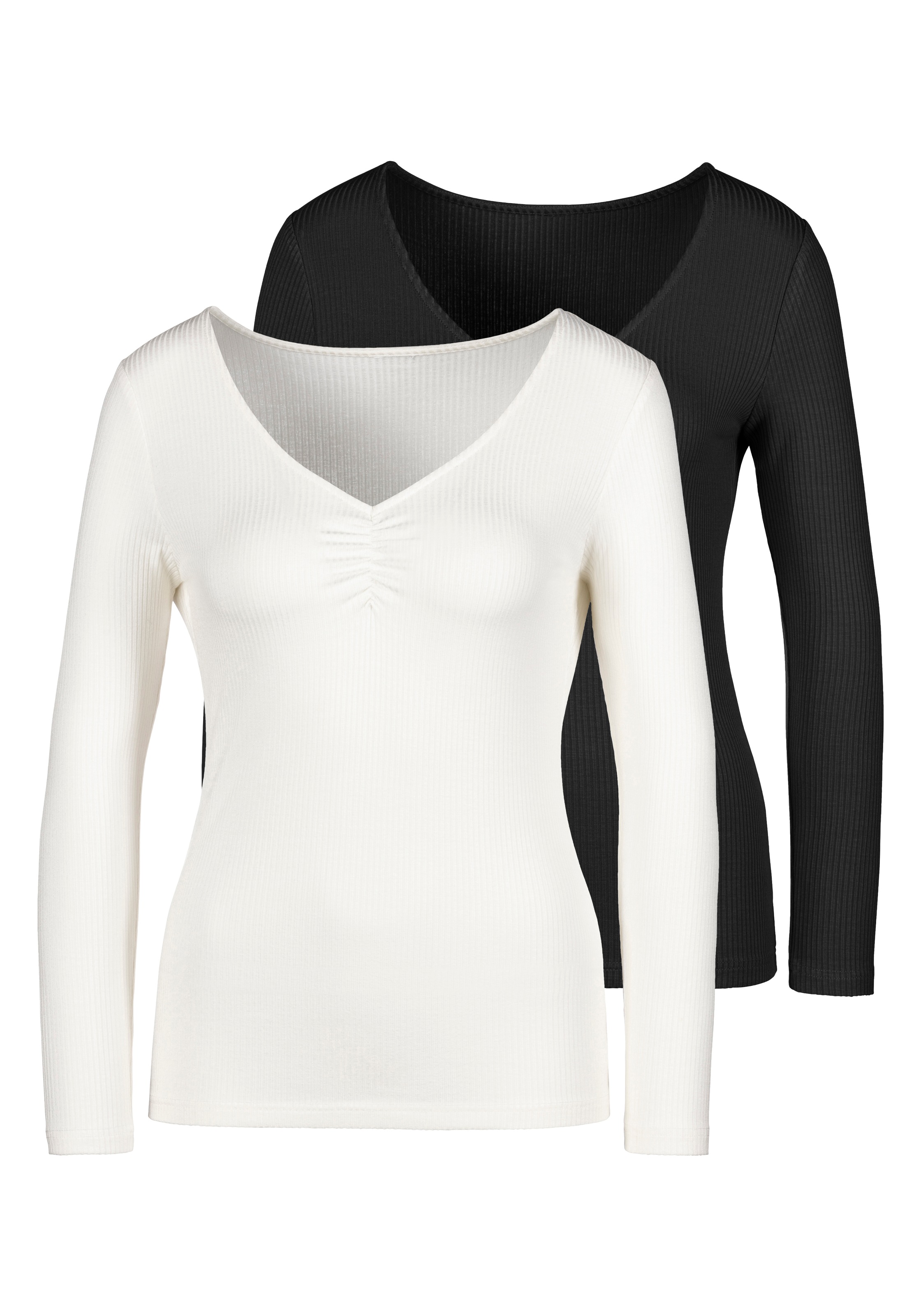 LASCANA Langarmshirt »Rippshirt«, (2er-Pack), mit V-Ausschnitt und kleiner Raffung
