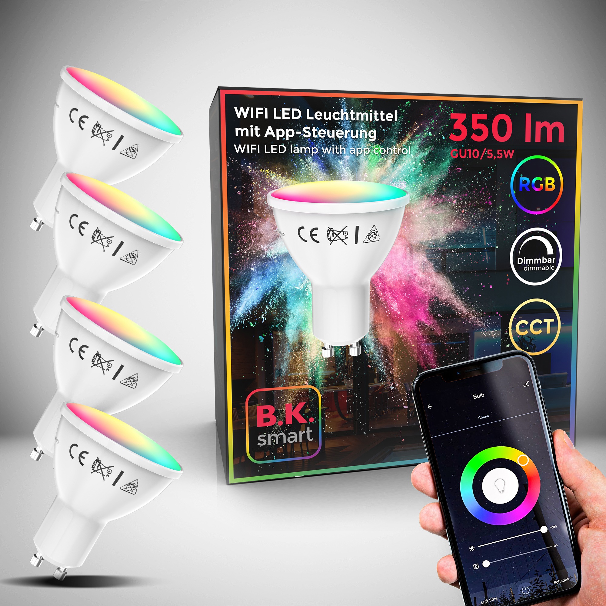 B.K.Licht LED-Leuchtmittel, GU10, 4 St., Farbwechsler, Smart Home LED-Lampe, RGB, WiFi, App-Steuerung, dimmba,r CCT Glühbirne