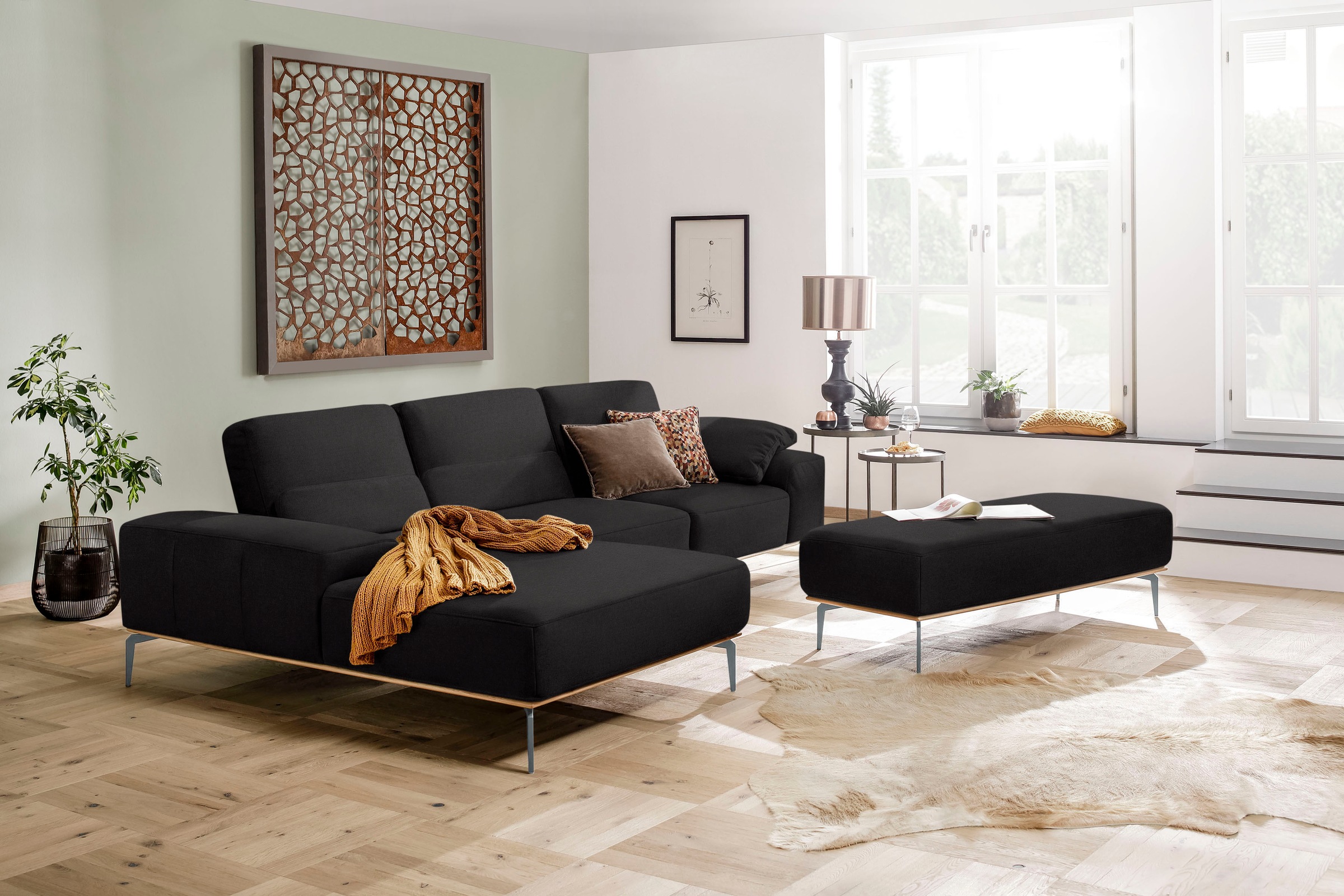 W.SCHILLIG Ecksofa »run, Designsofa mit tollem Sitzkomfort, bequem, L-Form«, mit elegantem Holzsockel, Füße in Silber matt, Breite 319 cm