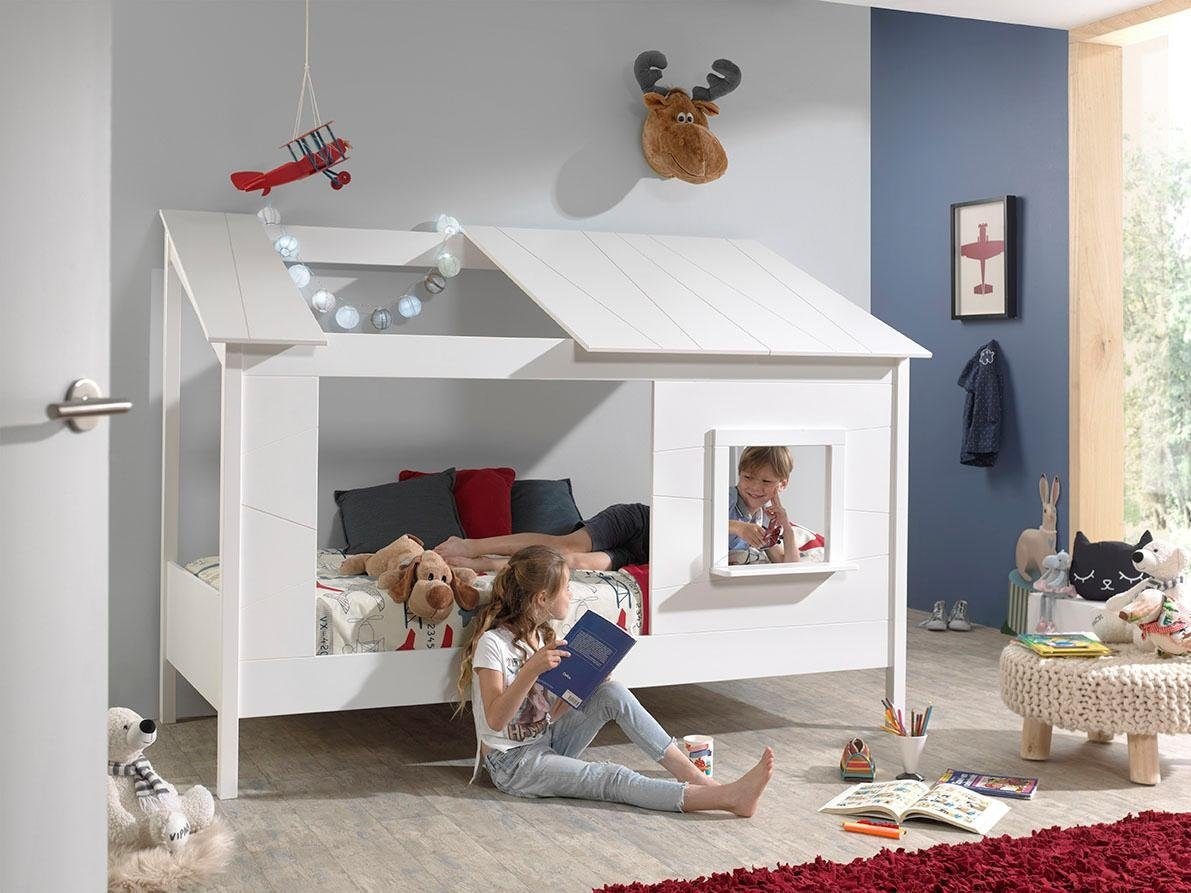 Vipack Kinderbett »Hausbett, aus MDF und Massivholz weiß lackiert, inkl. Fenster vorne«, (B/H/T ca. 214x158,5x105cm, seitl. und hinten offen), wahlweise mit oder ohne Bettschublade auf Rollen