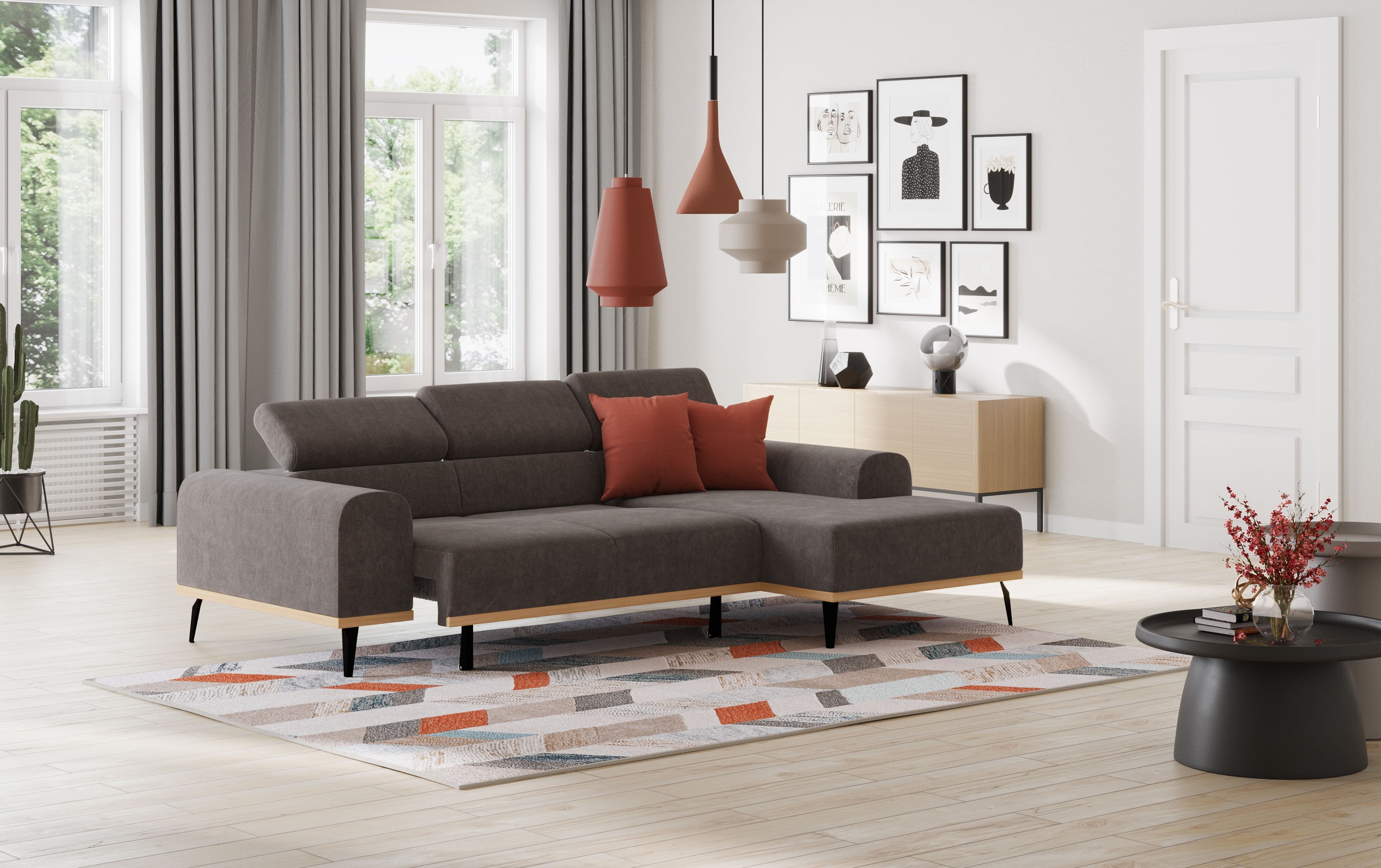 Places of Style Ecksofa »Carlo L-Form«, mit Kopfteilverstellung & Holz-Rahmenoptik, wahlweise Relaxfunktion