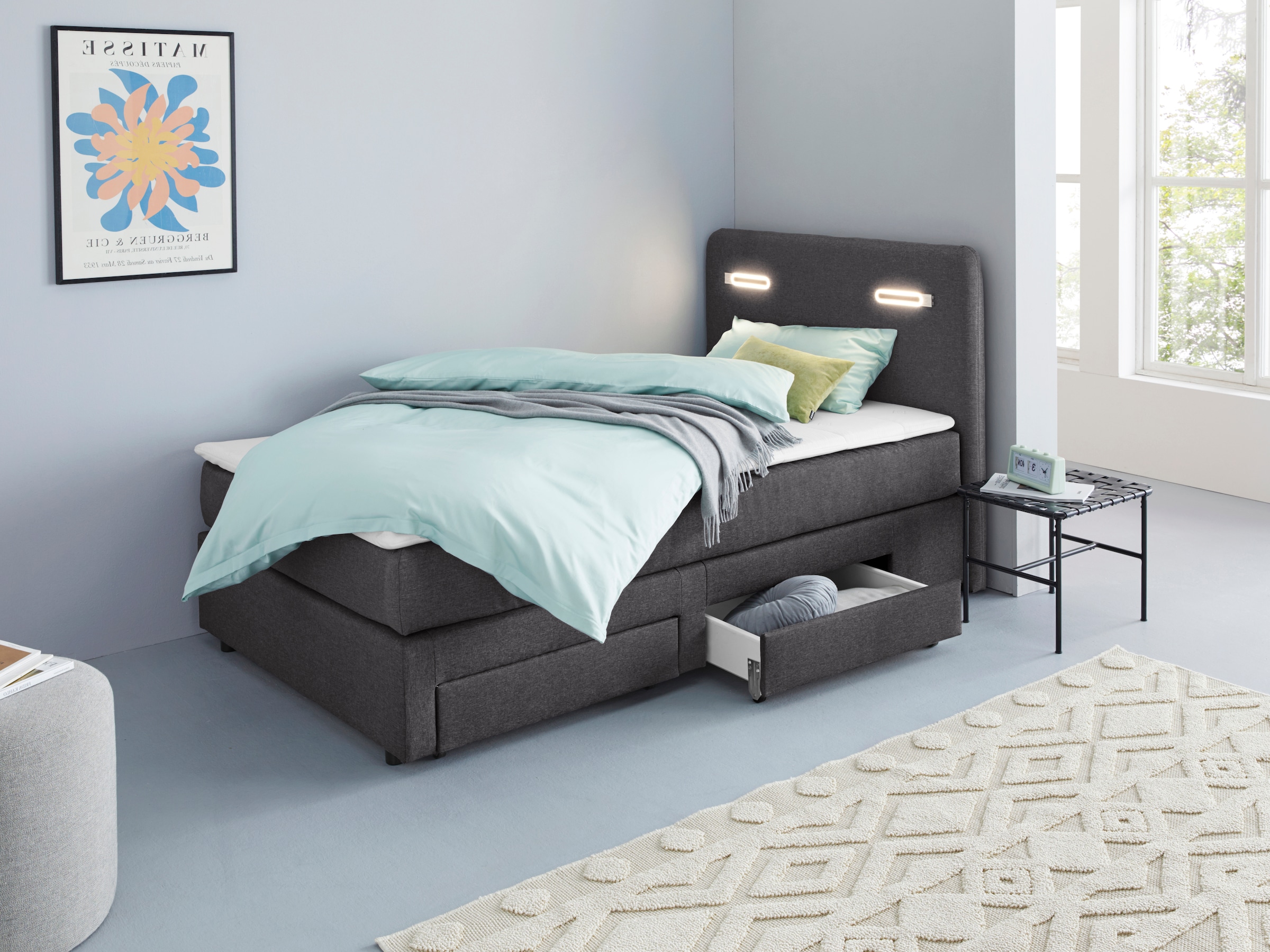 Home affaire »LUAN, Stauraumbett mit Schubkästen & Taschenfederkernmatratze H2-H4« LED-Beleuchtung, Karo- oder feiner Strukturstoff,  120/180 cm x200 cm