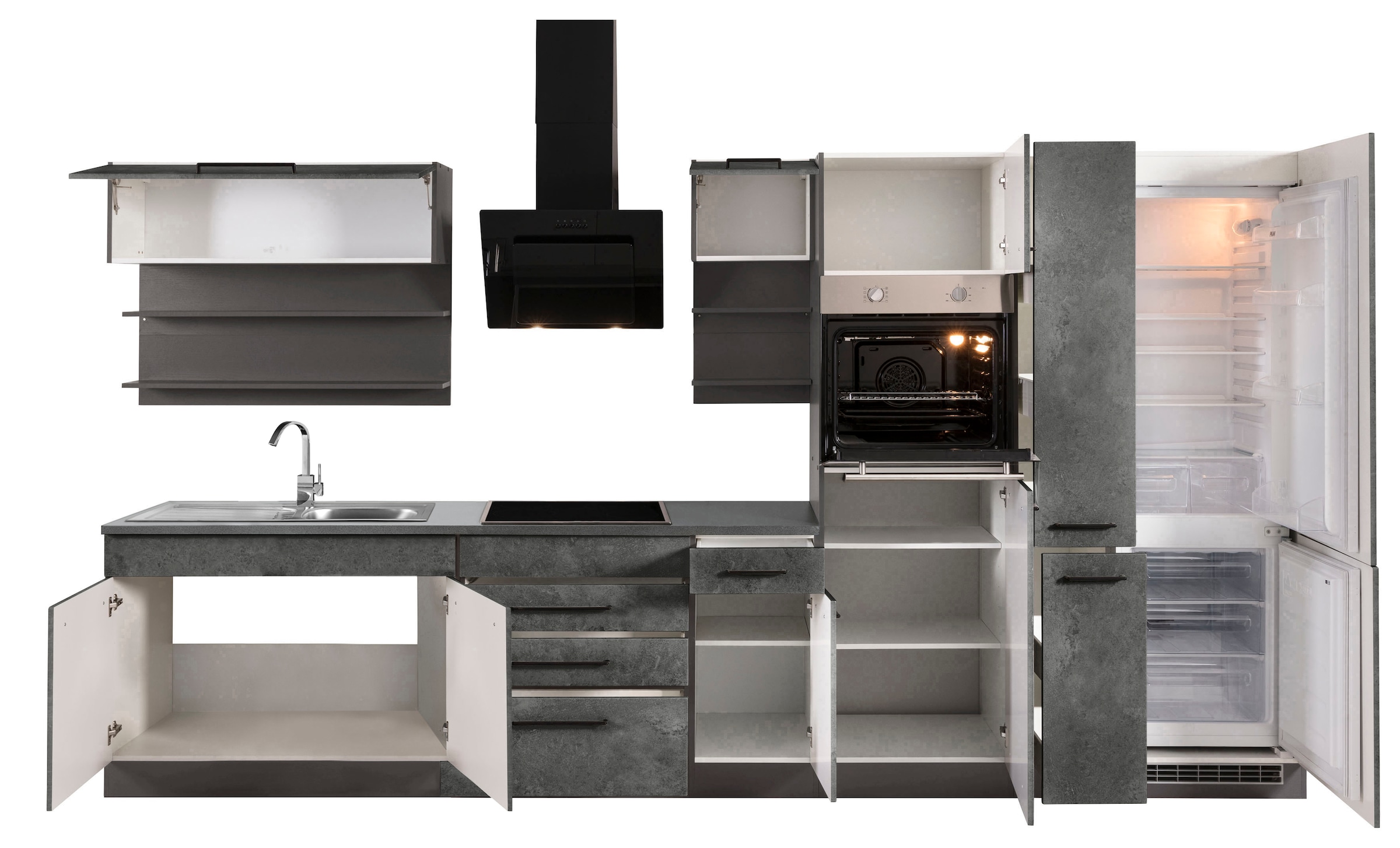 KOCHSTATION Küchenzeile »KS-Tulsa«, mit E-Geräten, Breite 380 cm, schwarze Metallgriffe, MDF Fronten