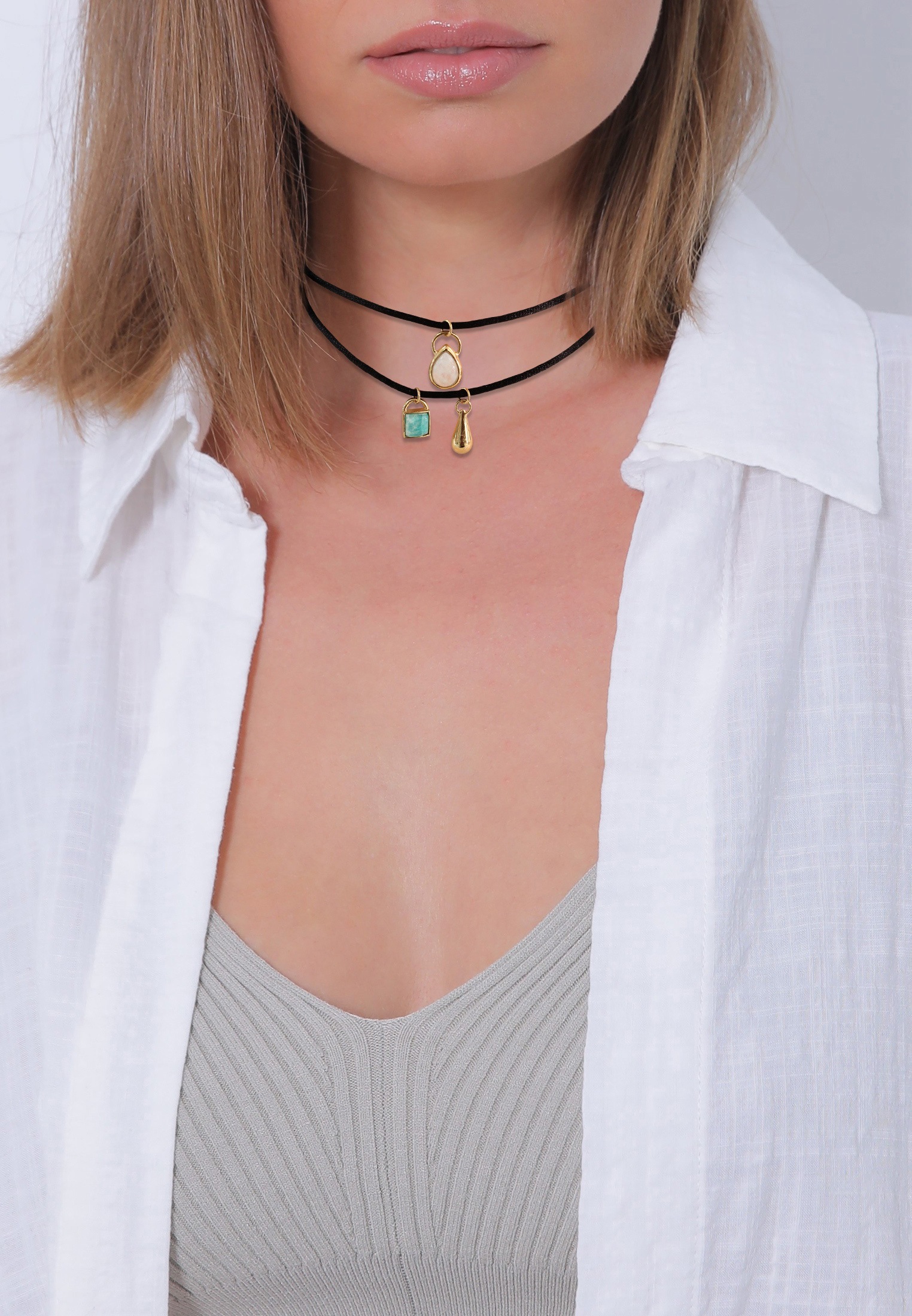 Elli Premium Kette ohne Anhänger »Halskette Satin Choker Amazonit Mondstein 925 Sterling Silber vergoldet«