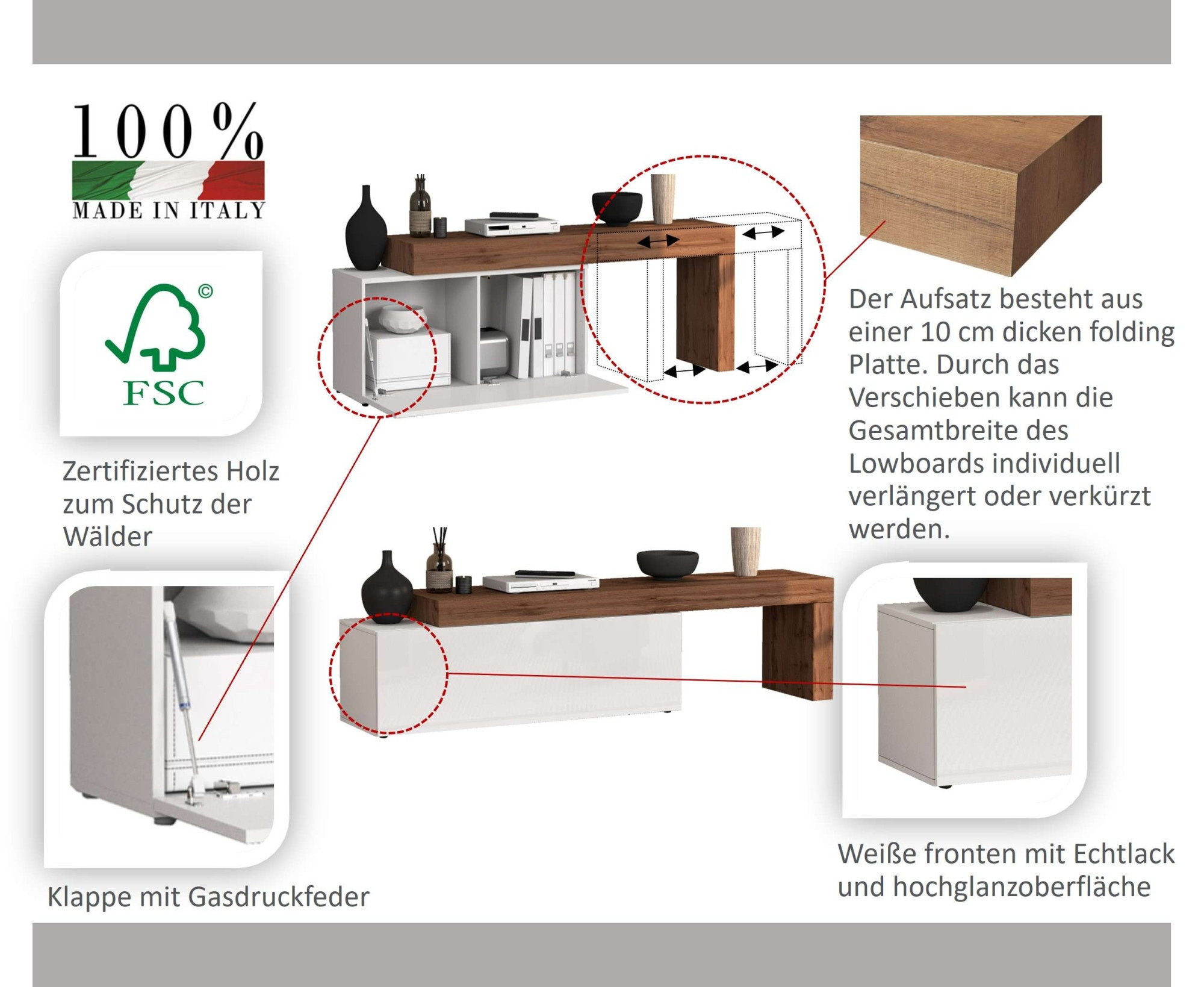 INOSIGN Lowboard »Chronos TV-Board, TV-Schrank«, (1 St., Breite verstellbar von 190 bis 350 cm), Breite 270 cm TV-Board,Lowboard,1 Klappe und ein L-Förmiger Aufsatz