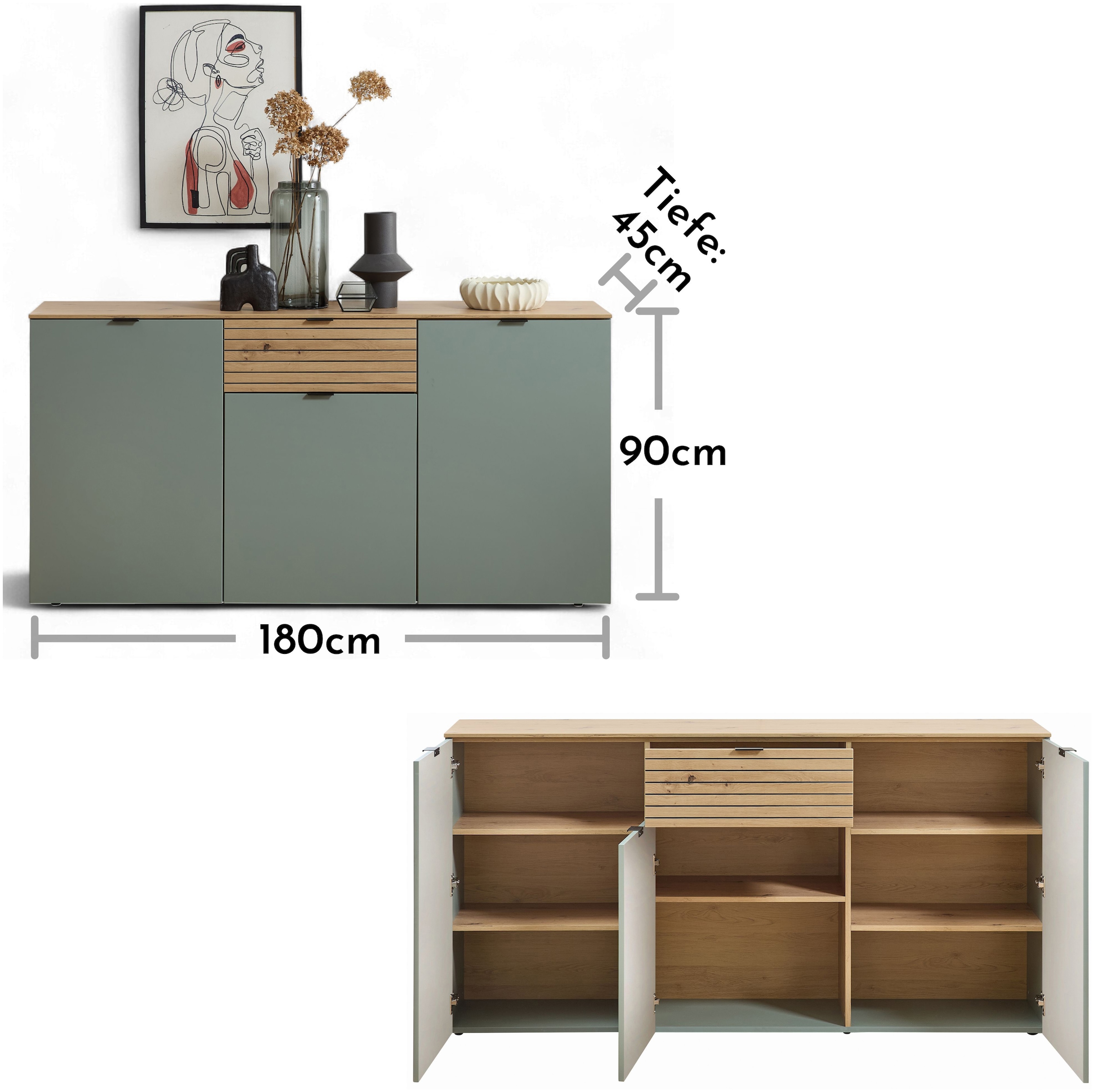 Innostyle Sideboard »INA Sideboard, 180 x 90 x 45 cm (B/H/T)« 1 Stk. tlg. 3 türig, Schublade, Softclose