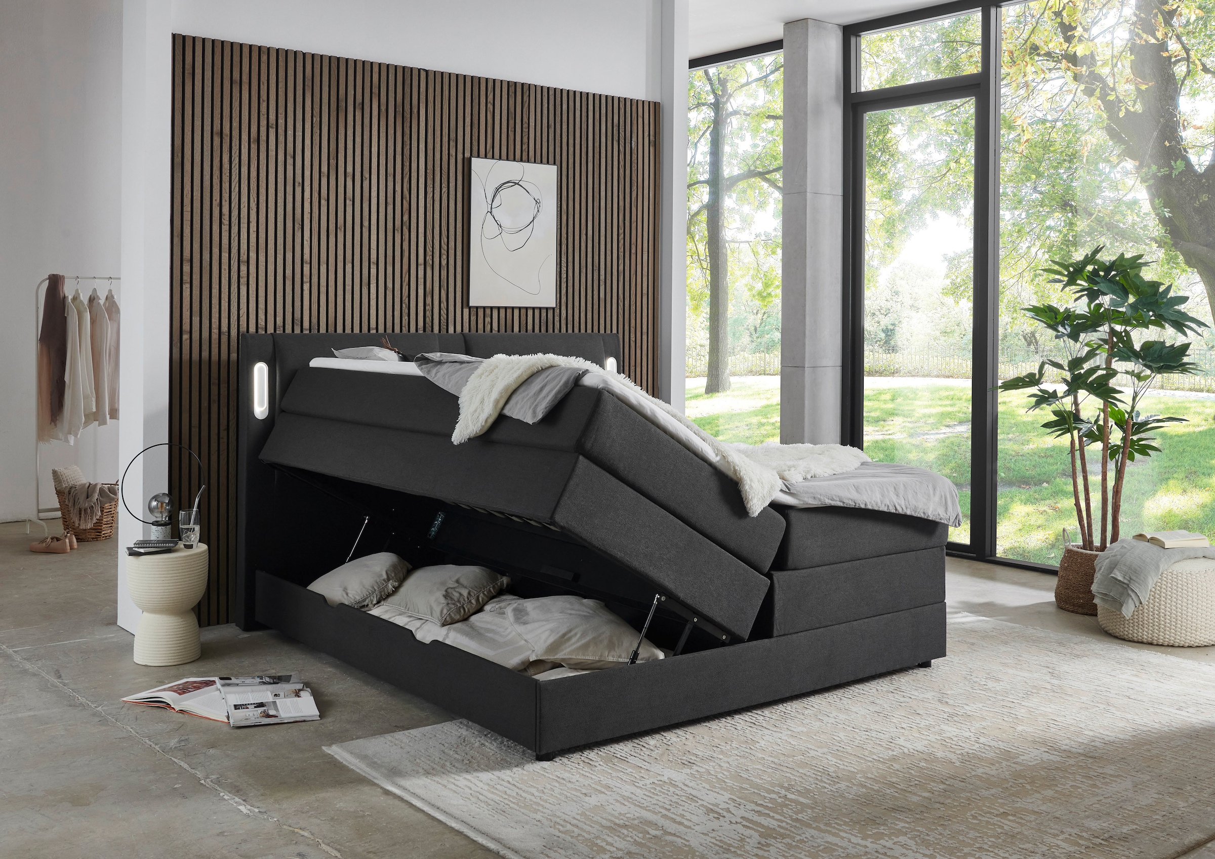 INOSIGN Boxbett »Elverta inkl. Bettkasten und LED-Beleuchtung« erhältlich in der Breite 180x200cm, Kopfteil in Kissenoptik