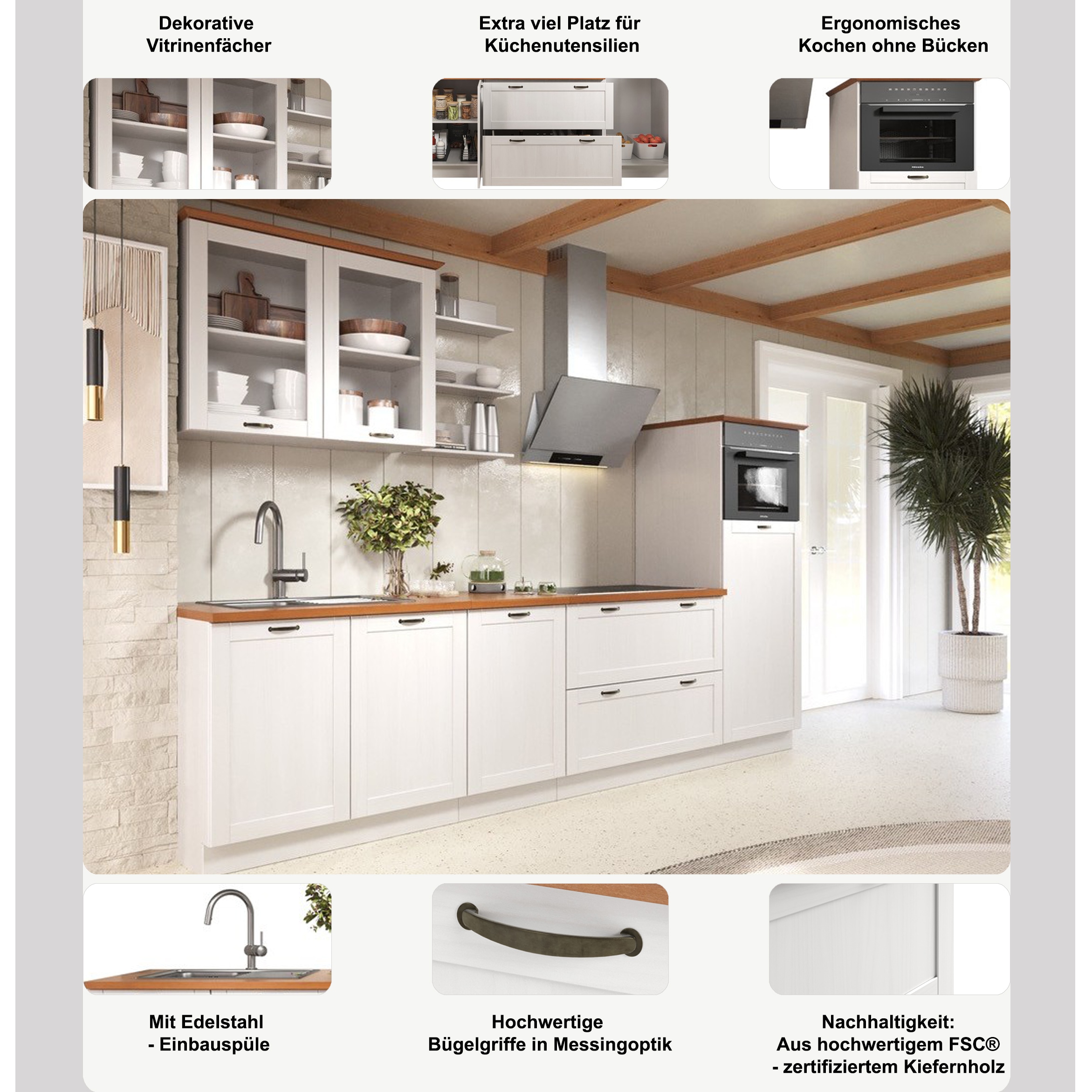 Home affaire Küchenzeile »Teramo« Set, Kombinierbar mit anderen Möbelstücken der Serie Teramo,  Breite 315 cm, Kiefer massiv, mit Arbeitsplatte