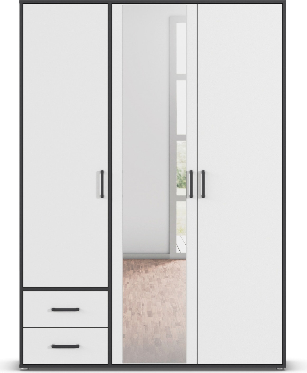 rauch Drehtürenschrank »Kleiderschrank Schrank Garderobe Wäscheschrank VOYAGER« in 3 verschiedenen Ausstattungen BASIC/CLASSIC/PREMIUM,  mit modernen Griffen in Graumetallic, inkl. Schubkästen und Spiegel