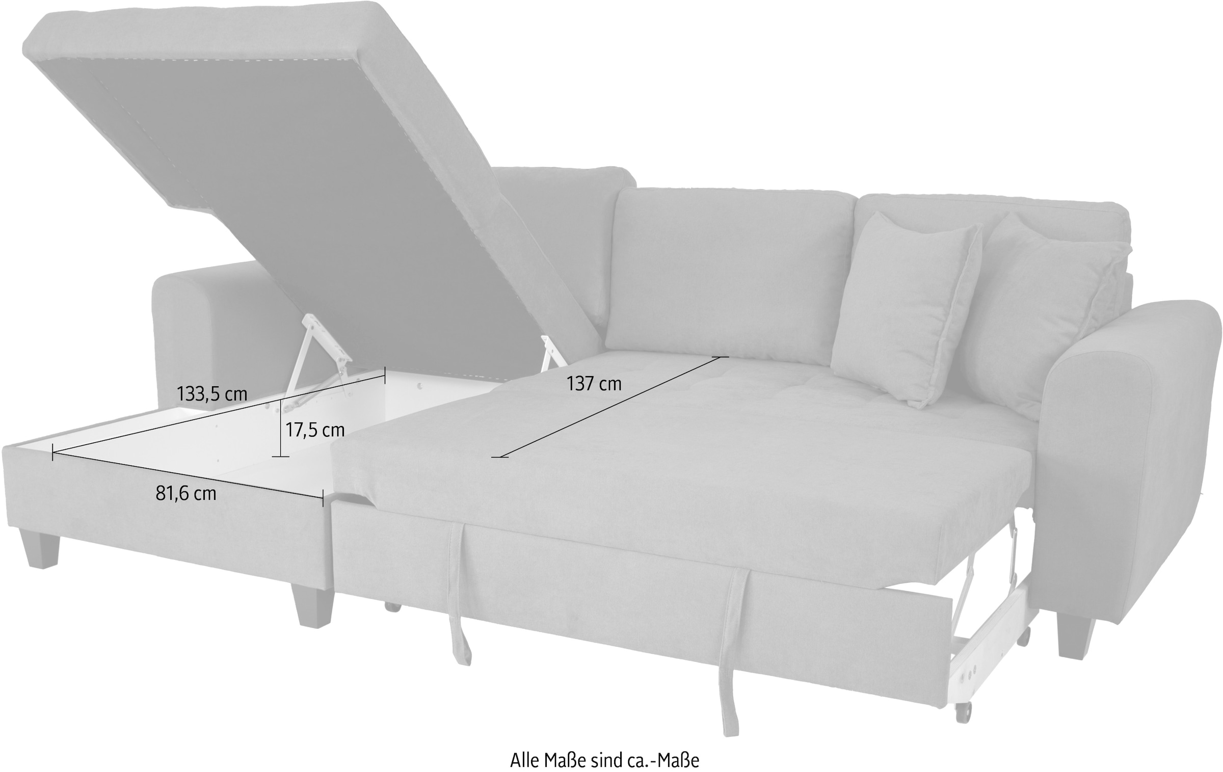 Trends by HG Ecksofa »Moritz L-Form, B: 265 cm« mit Bettfunktion, Bettkasten & Zierkissen