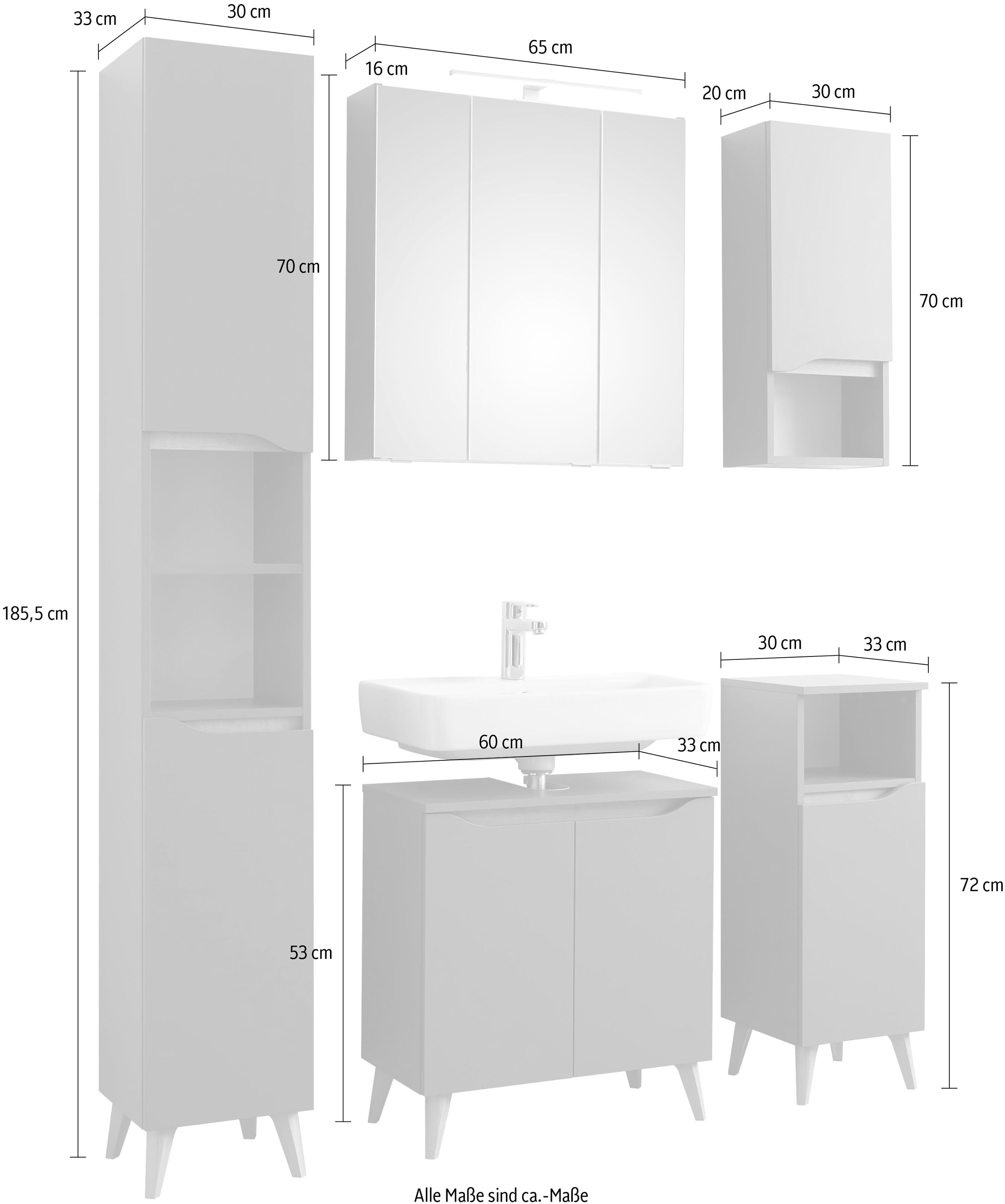 Saphir Badmöbel-Set »Quickset 5-teilig Waschbeckenunterschrank und LED-Spiegelschrank«, (5 St.), Hochschrank, Unterschrank, Hängeschrank, inkl. Türdämpfer, 9 Türen