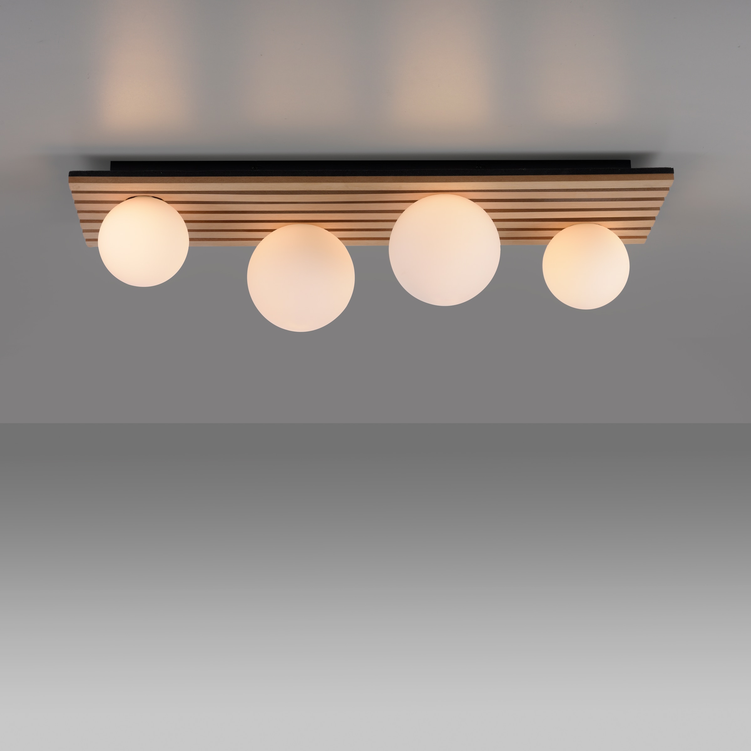 Leonique Deckenleuchte »Erinette Akustikpaneele mit Glaskugeln«, 4 flammig, Leuchtmittel G9 | Leuchtmittel wechselbar-ohne Leuchtmittel, Holz, Akustik, Paneele, Glas, opal matt weiß, Deckenlampe