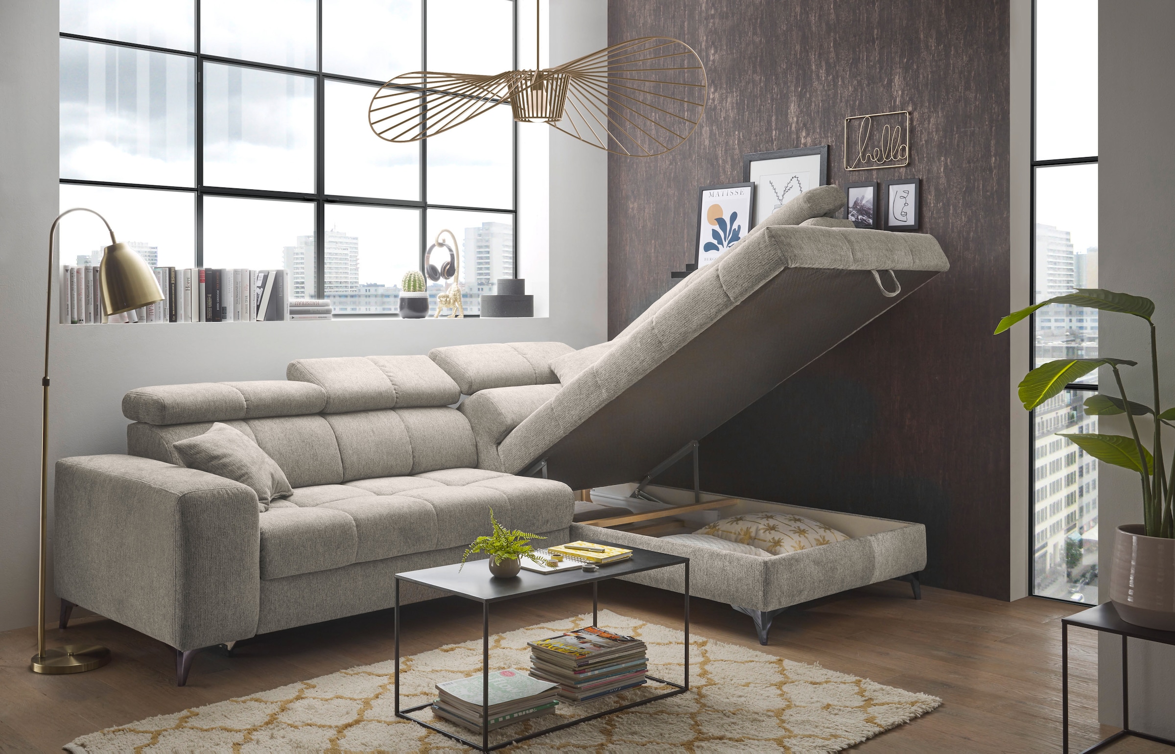 ED EXCITING DESIGN Ecksofa »Sydney L-Form«, mit Bettfunktion, Bettkasten, Kopfteilverstellung & 2 Zierkissen