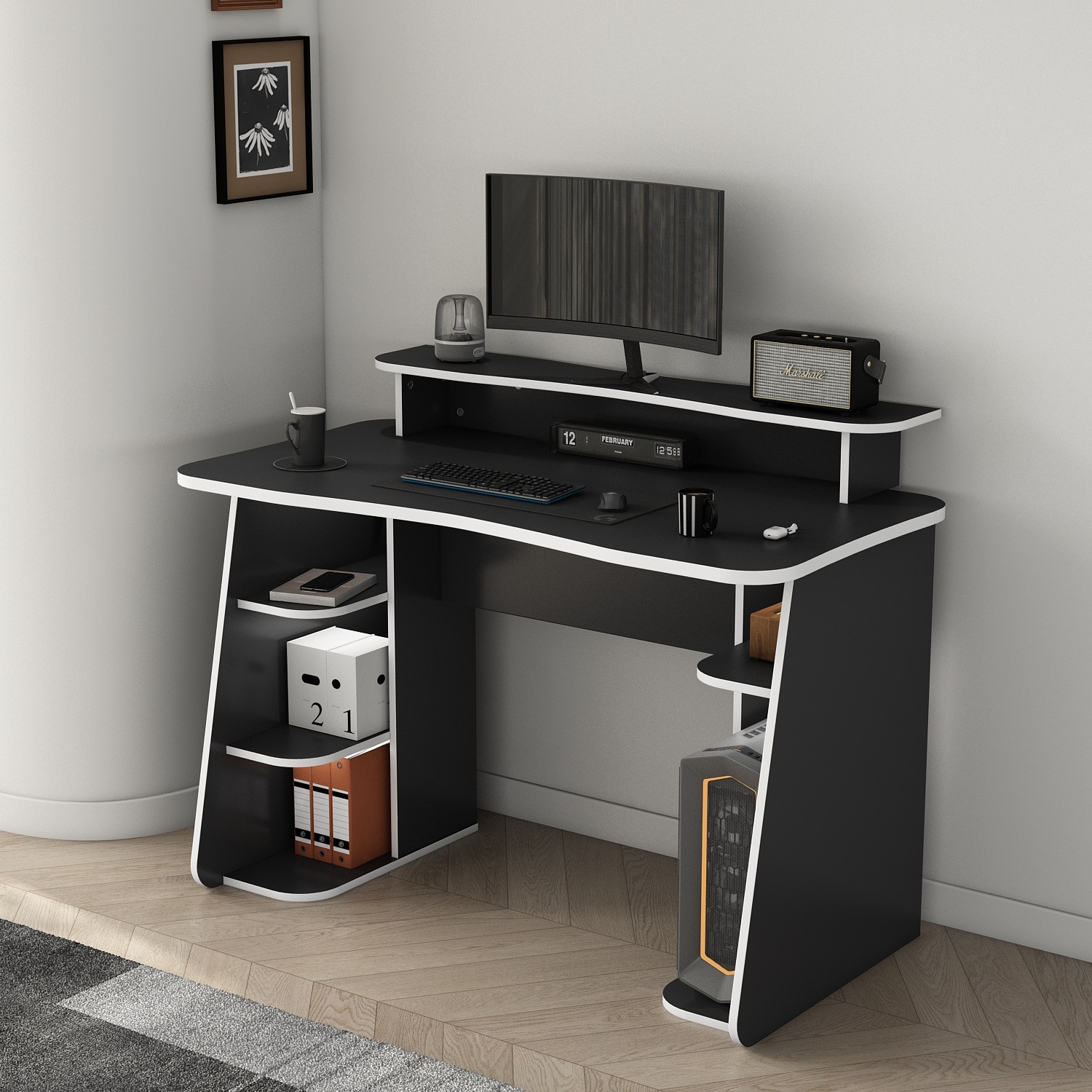 OTTO home Gamingtisch »GAME, Computertisch, Schreibtisch, Towerfach, Monitoraufsatz,« ergonomisch geschwungene Tischplatte, Breite 120 oder 150 cm