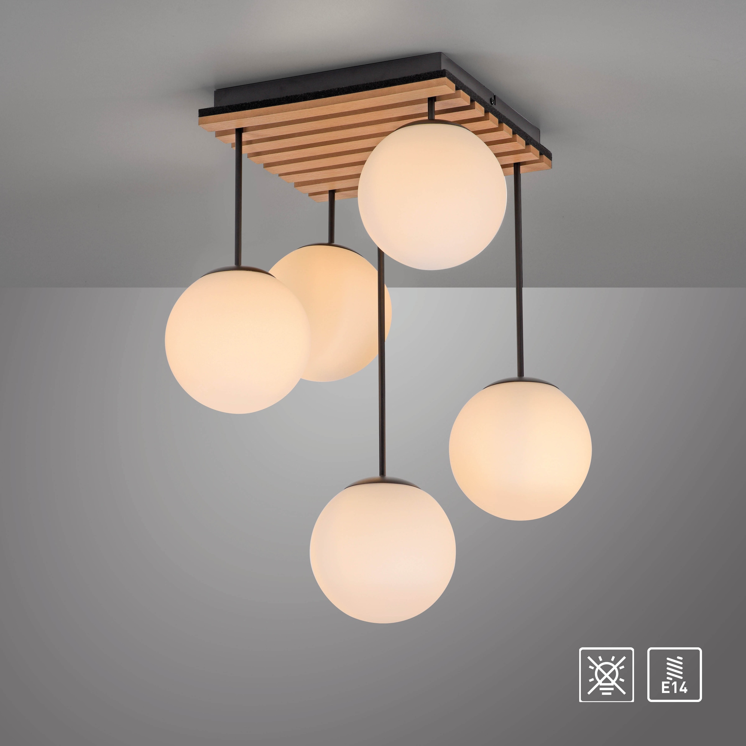 my home Deckenleuchte »Erinette Akustikpaneele mit Glaskugeln«, 5 flammig, Leuchtmittel E14 | ohne Leuchtmittel-Leuchtmittel wechselbar, Holz, Akustik, Paneele, Glas, Deckenlampe E14