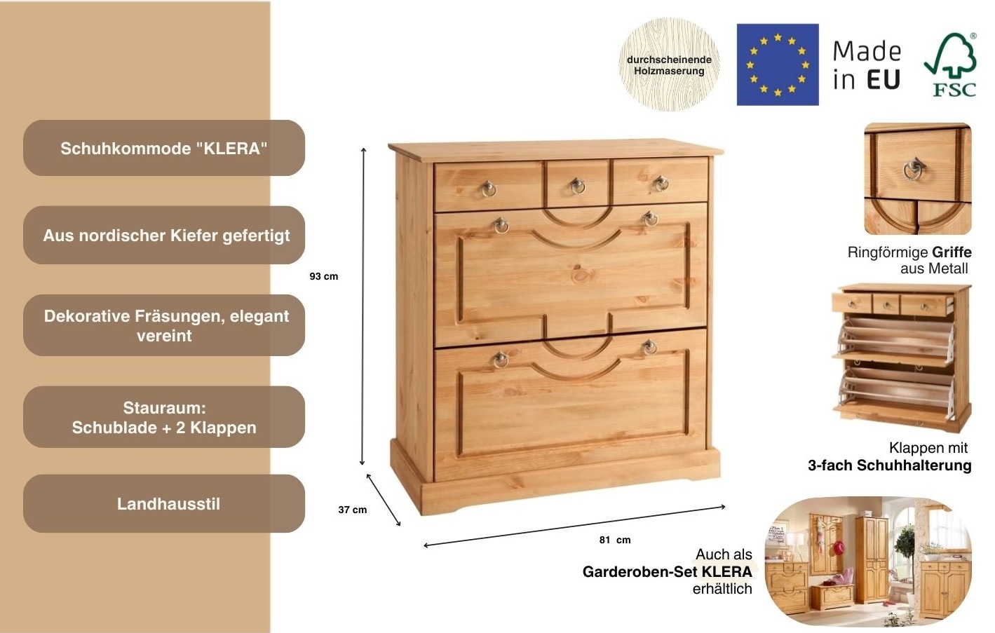 Home affaire Schuhkommode »Klera« Breite 81 cm, aus massiver Kiefer, FSC®-zertifiziert