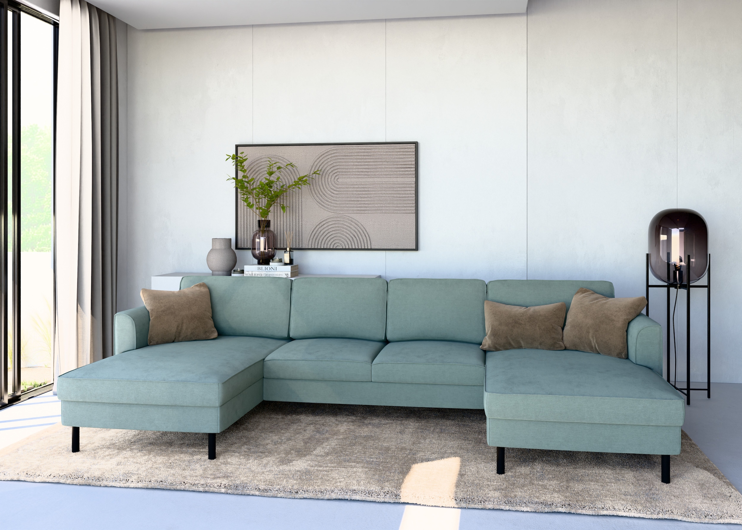 Home affaire Wohnlandschaft »Booster II, whlw. mit Schlaffunktion & Bettkasten, Fuß schwarz« Sofa in U-Form, Breite 305 cm, in Cord oder Struktur LEO o. LINO