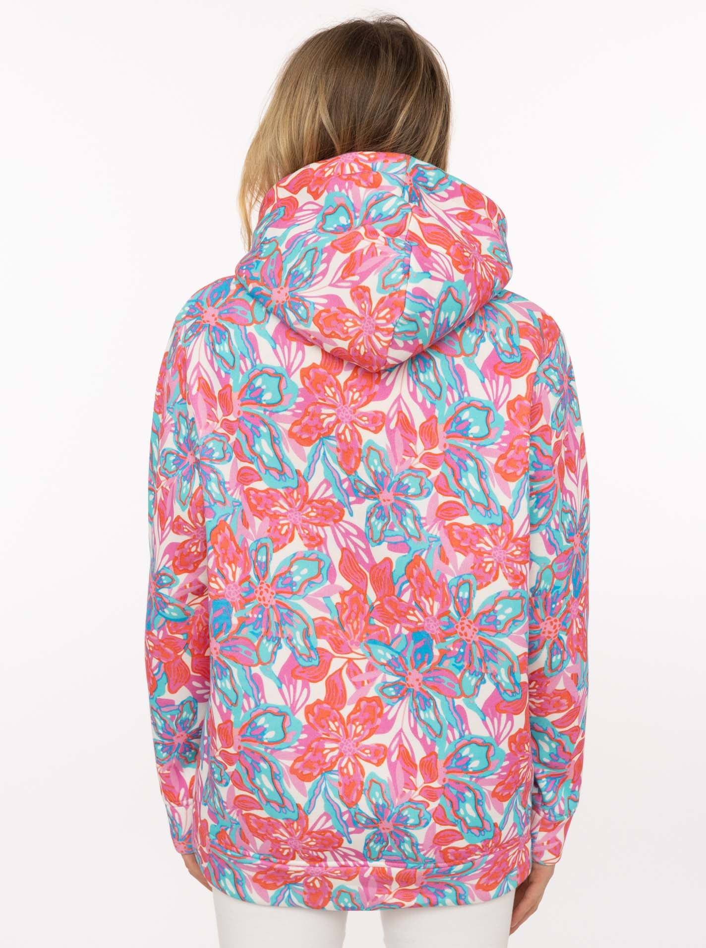 Zwillingsherz Hoodie »"Flower Sparkles"«, farbenfrohes florales Muster, Neondetails, Kapuze, Fronttasche
