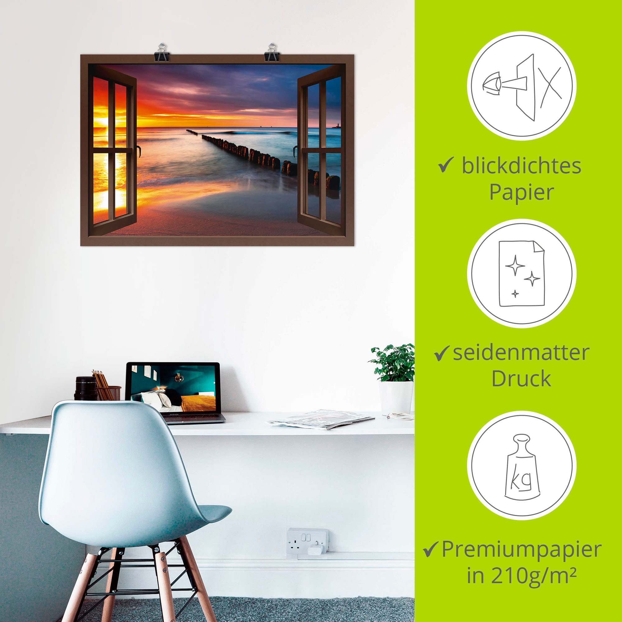 Artland Wandbild »Fensterblick Ostsee mit Sonnenaufgang«, Fensterblick, (1 St.), als Leinwandbild, Poster, Wandaufkleber in verschied. Größen
