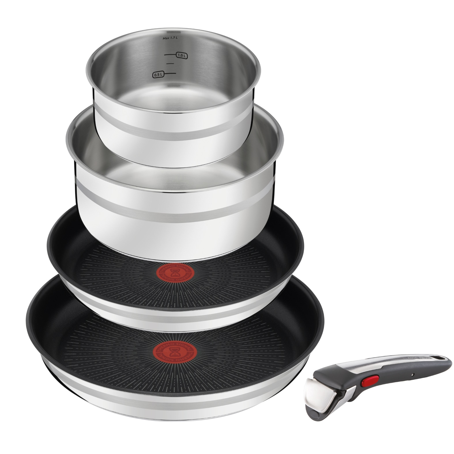 Tefal Pfannen-Set »Jamie Oliver Ingenio G6, 5-teiliges Ingenio Kochgeschirr-Set Induktion«, Edelstahl, (Set, 5 tlg., Bratpfanne 24/28 cm, Kasserollen 16/20 cm, 1 abnehmbarer Griff), für alle Herdarten geeignet, backofenfest, platzsparend, L9769632